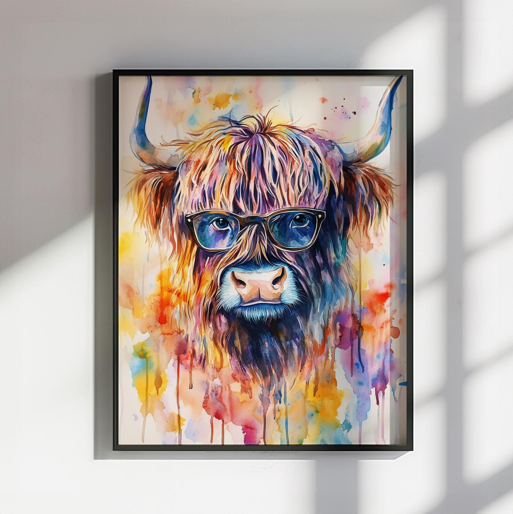 Highland Cow Wearing Glasses Canvas / Poster Print. Watercolour Paint Splash Wall Decor Gift Scottish Shaggy Cow Painting Farm Animal Farmer - CanvasityCrafts - Free Shipping