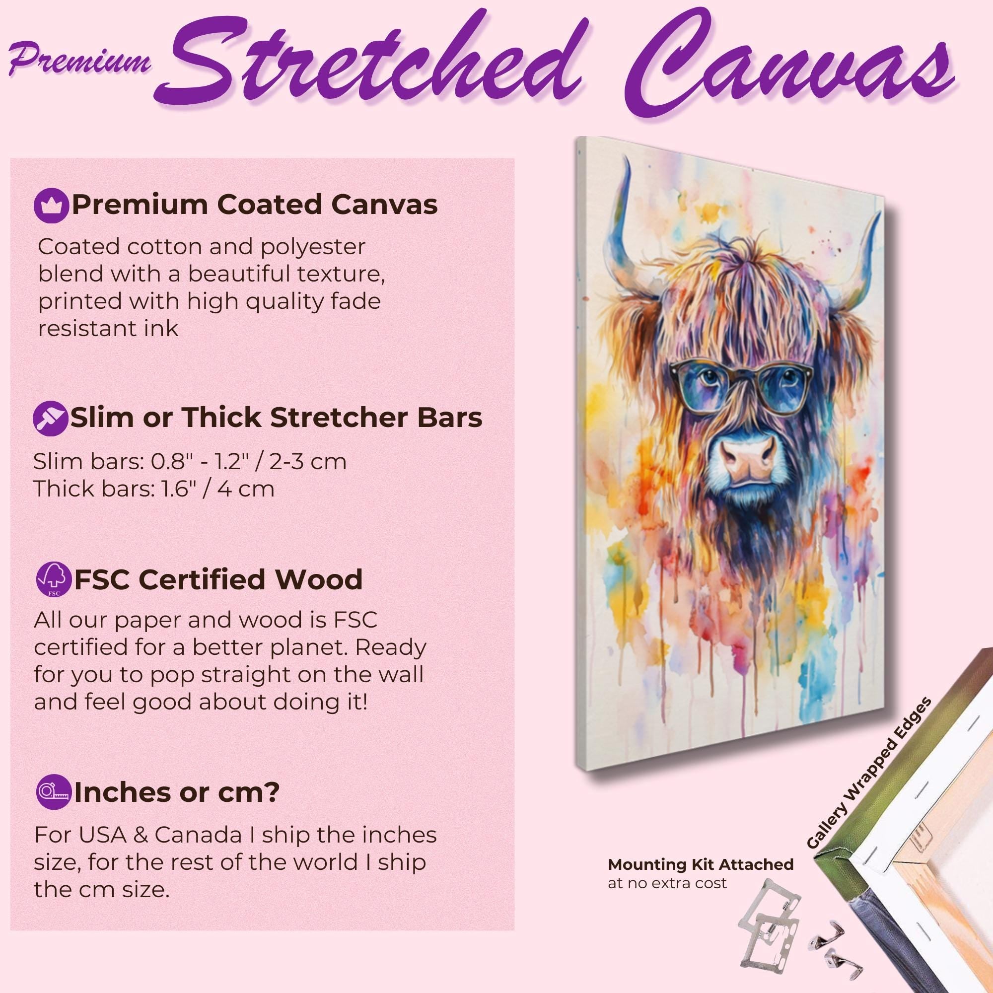 Highland Cow Wearing Glasses Canvas / Poster Print. Watercolour Paint Splash Wall Decor Gift Scottish Shaggy Cow Painting Farm Animal Farmer - CanvasityCrafts - Free Shipping