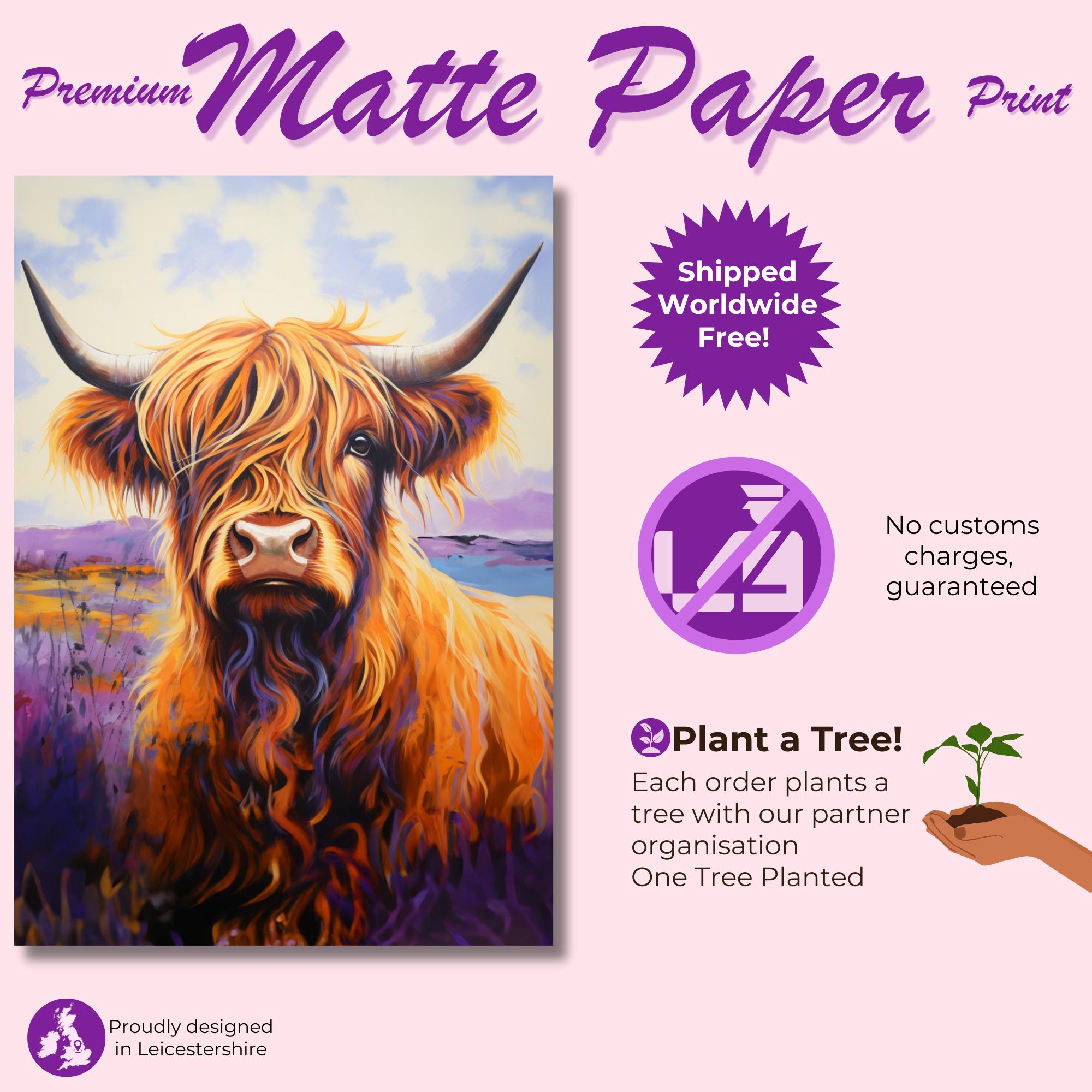 Highland Cow Canvas / Unframed Poster Print. Lavender Oil Painting Wall Decor Gift for Farmers Abstract Scottish Shaggy Cow Farm Art Picture - CanvasityCrafts - Free Shipping