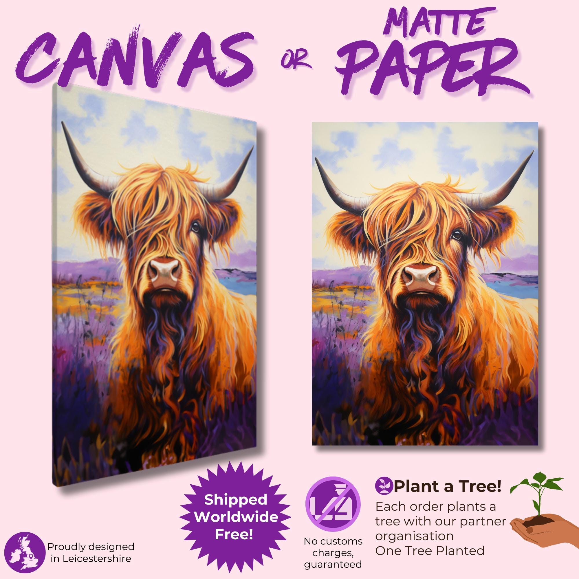 Highland Cow Canvas / Unframed Poster Print. Lavender Oil Painting Wall Decor Gift for Farmers Abstract Scottish Shaggy Cow Farm Art Picture - CanvasityCrafts - Free Shipping