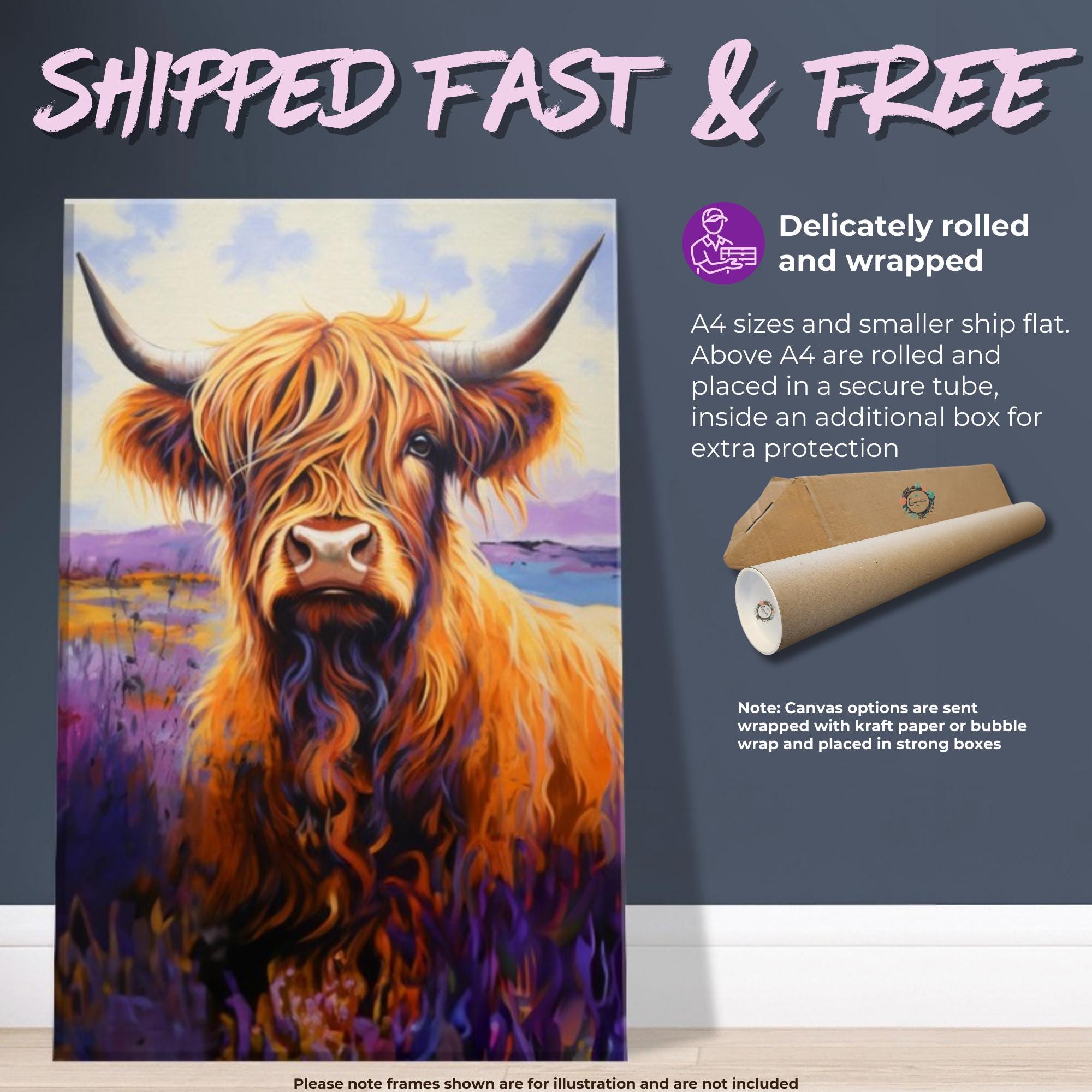 Highland Cow Canvas / Unframed Poster Print. Lavender Oil Painting Wall Decor Gift for Farmers Abstract Scottish Shaggy Cow Farm Art Picture - CanvasityCrafts - Free Shipping