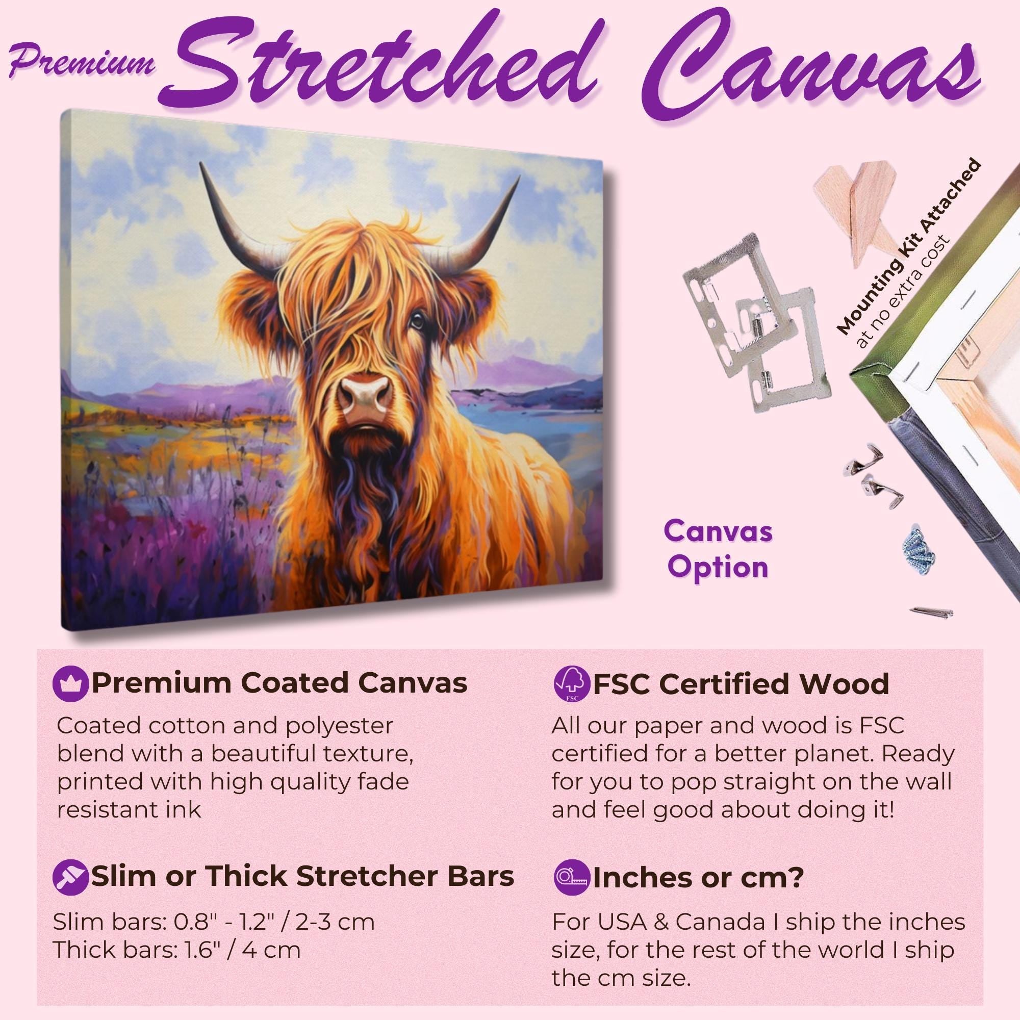 Highland Cow Canvas / Unframed Poster Print. Lavender Oil Painting Wall Decor Gift for Farmers Abstract Scottish Shaggy Cow Farm Art Picture - CanvasityCrafts - Free Shipping