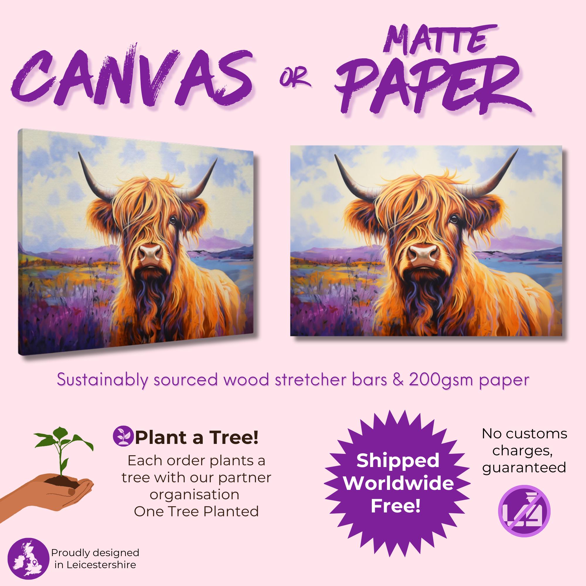 Highland Cow Canvas / Unframed Poster Print. Lavender Oil Painting Wall Decor Gift for Farmers Abstract Scottish Shaggy Cow Farm Art Picture - CanvasityCrafts - Free Shipping