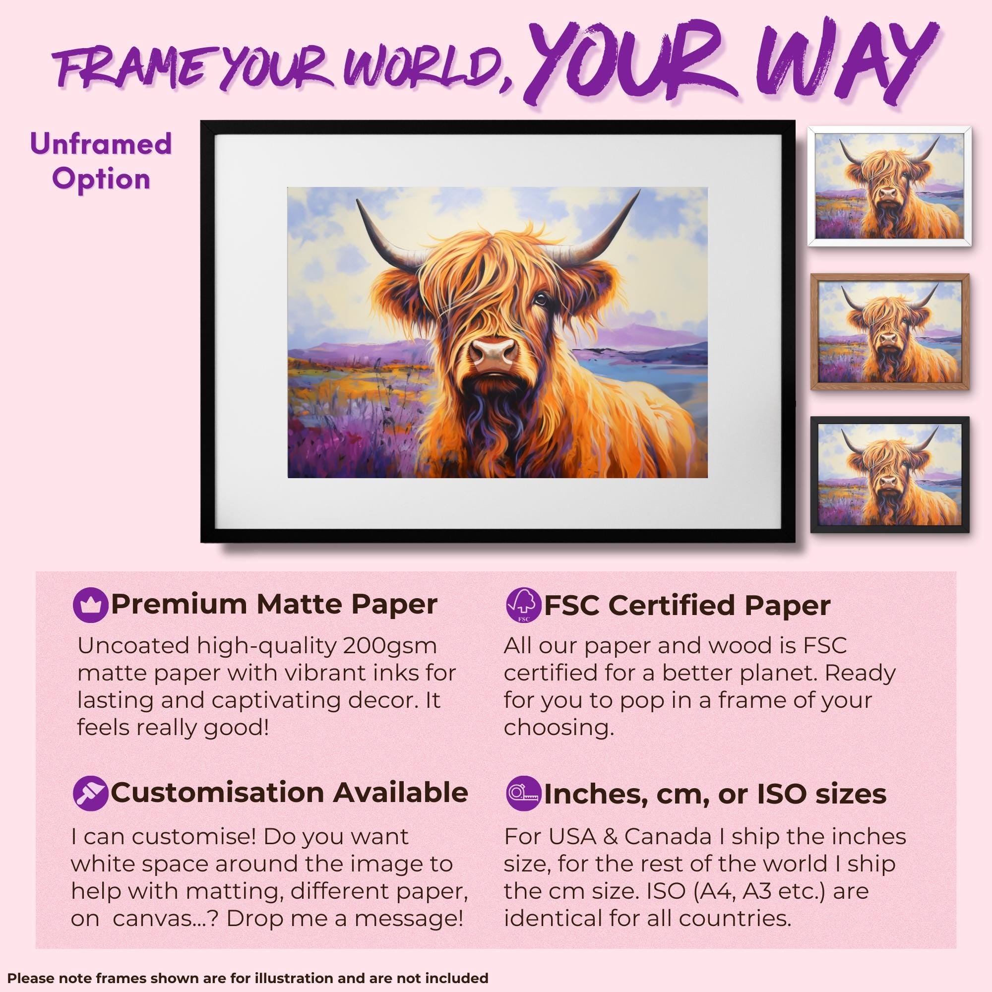 Highland Cow Canvas / Unframed Poster Print. Lavender Oil Painting Wall Decor Gift for Farmers Abstract Scottish Shaggy Cow Farm Art Picture - CanvasityCrafts - Free Shipping