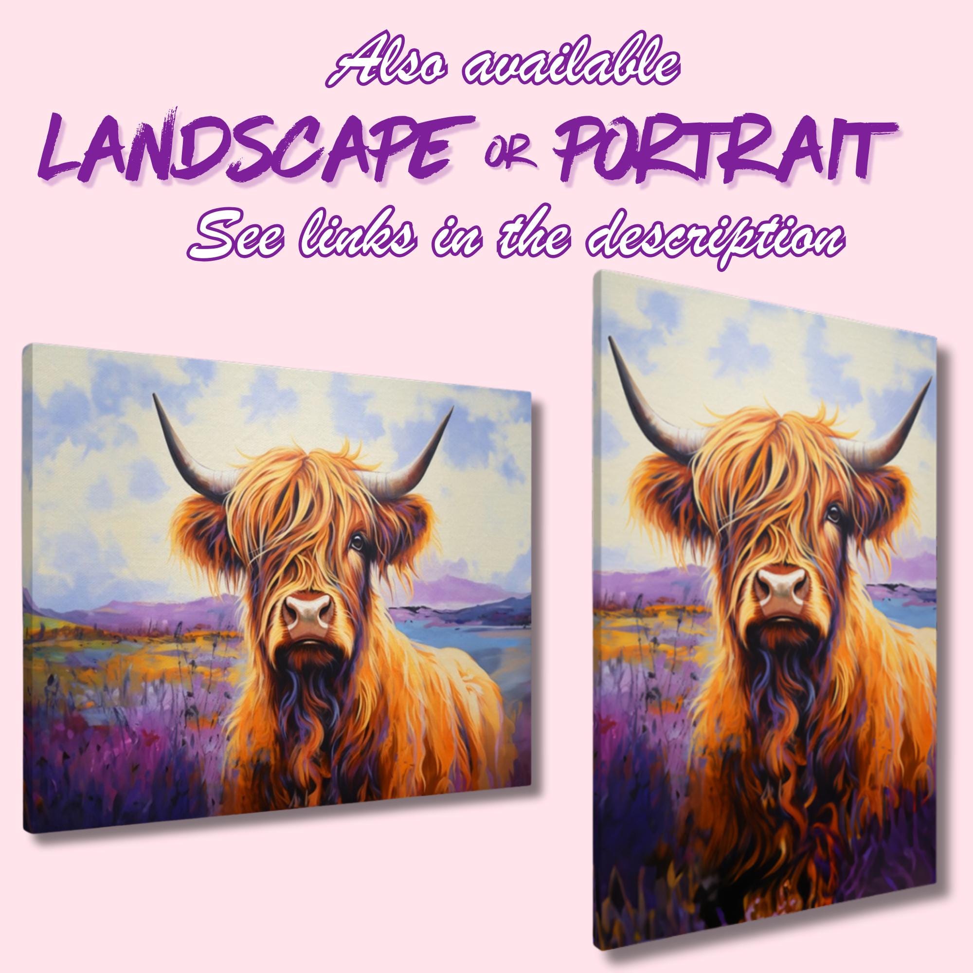 Highland Cow Canvas Print - Square. Lavender Wall Art Painting - CanvasityCrafts - Free Shipping