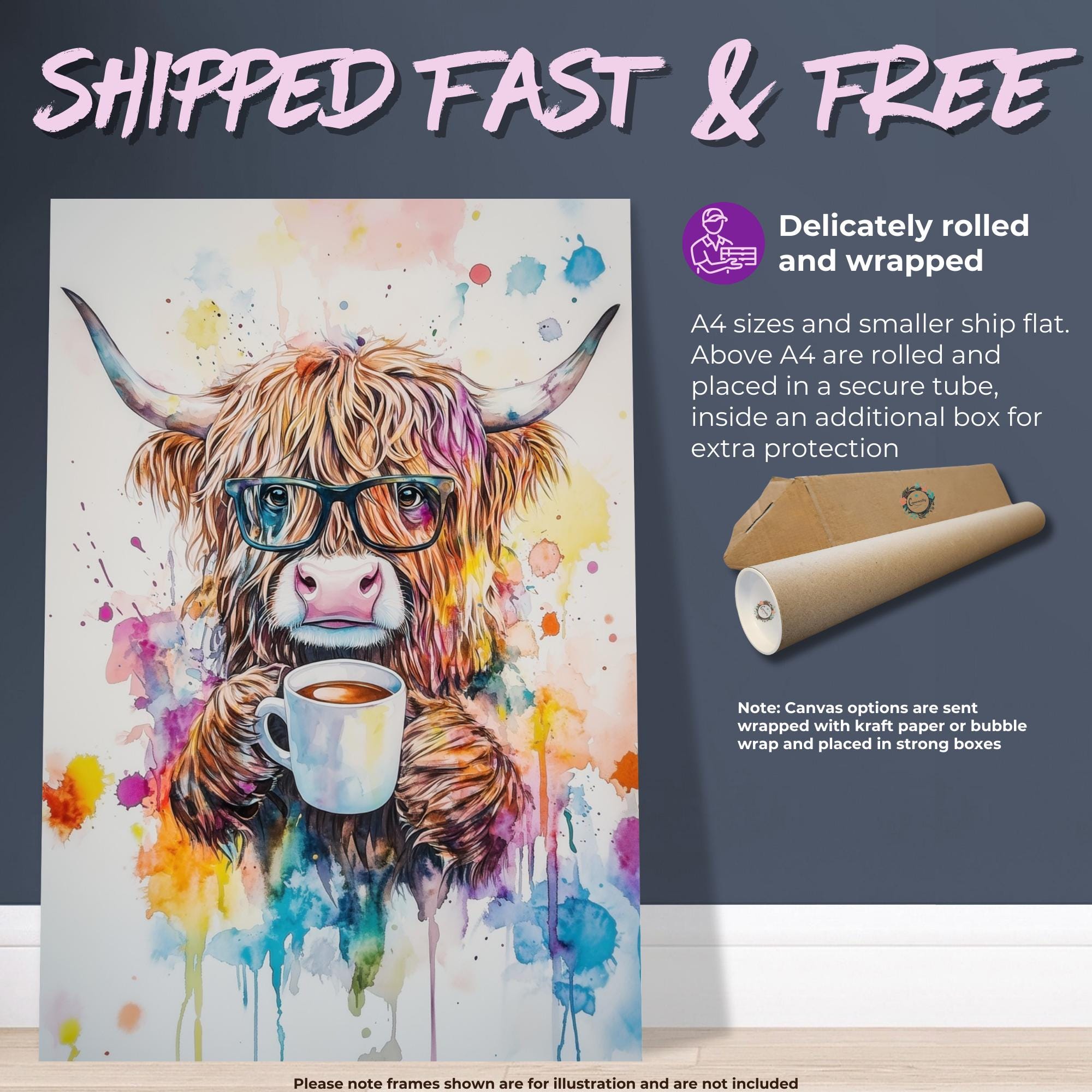 Highland Cow Drinking Tea Canvas / Poster Print. Watercolour Paint Splash Wall Decor Gift Scottish Shaggy Cow Painting Farm Animal Farmer - CanvasityCrafts - Free Shipping
