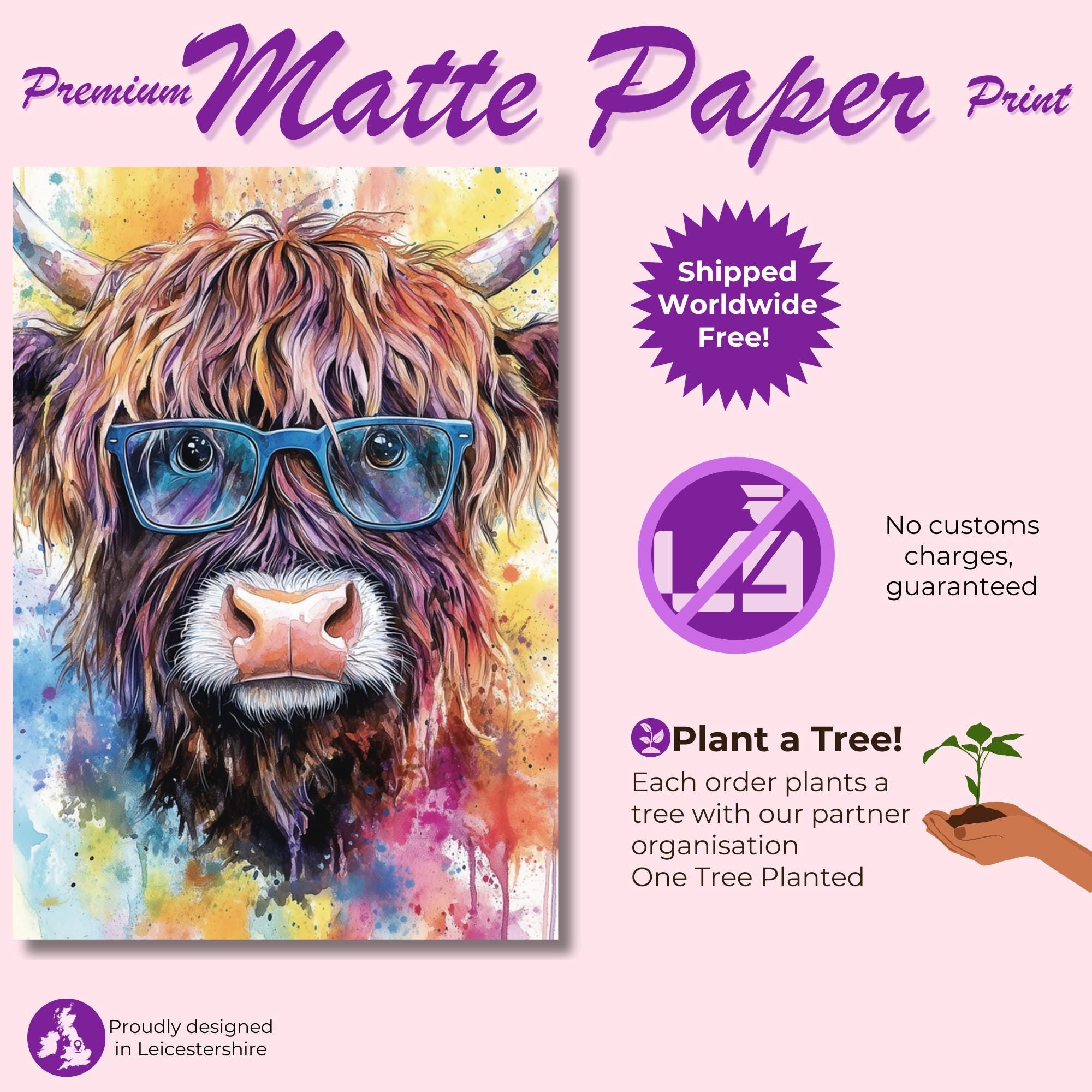 Highland Cow Wearing Glasses Canvas / Poster Print. Watercolour Paint Splash Wall Decor Gift Scottish Shaggy Cow Painting Farm Animal Farmer - CanvasityCrafts - Free Shipping