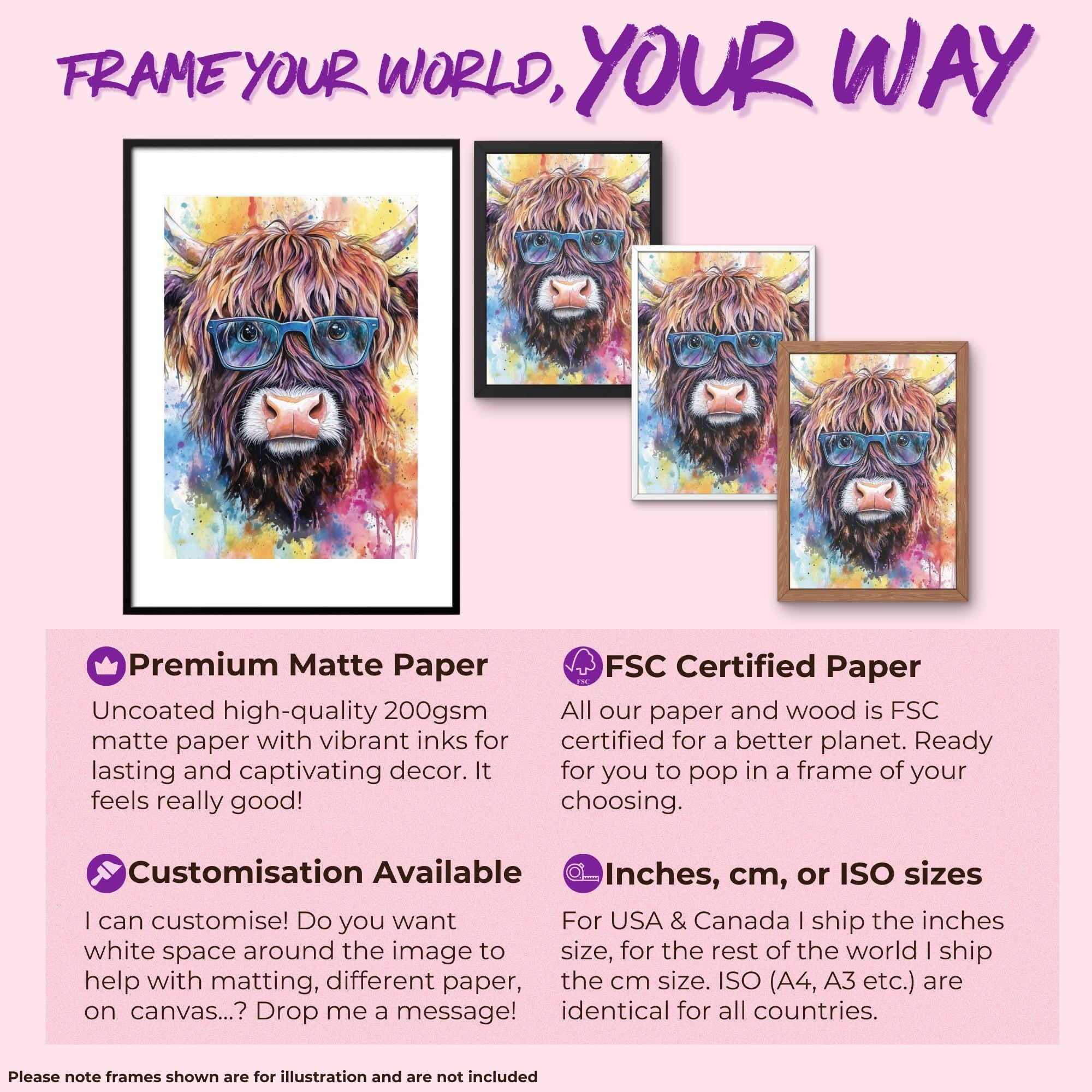 Highland Cow Wearing Glasses Canvas / Poster Print. Watercolour Paint Splash Wall Decor Gift Scottish Shaggy Cow Painting Farm Animal Farmer - CanvasityCrafts - Free Shipping