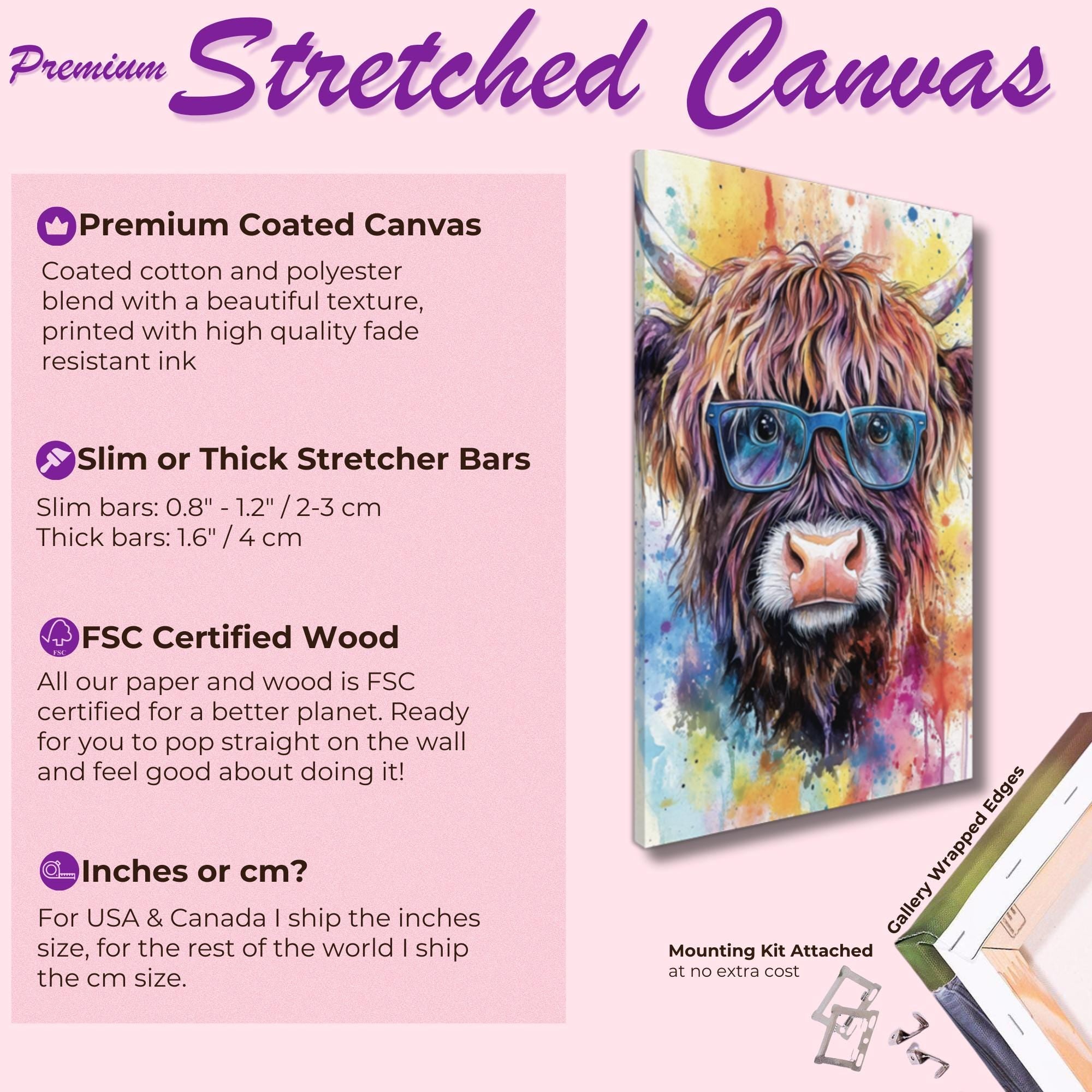 Highland Cow Wearing Glasses Canvas / Poster Print. Watercolour Paint Splash Wall Decor Gift Scottish Shaggy Cow Painting Farm Animal Farmer - CanvasityCrafts - Free Shipping