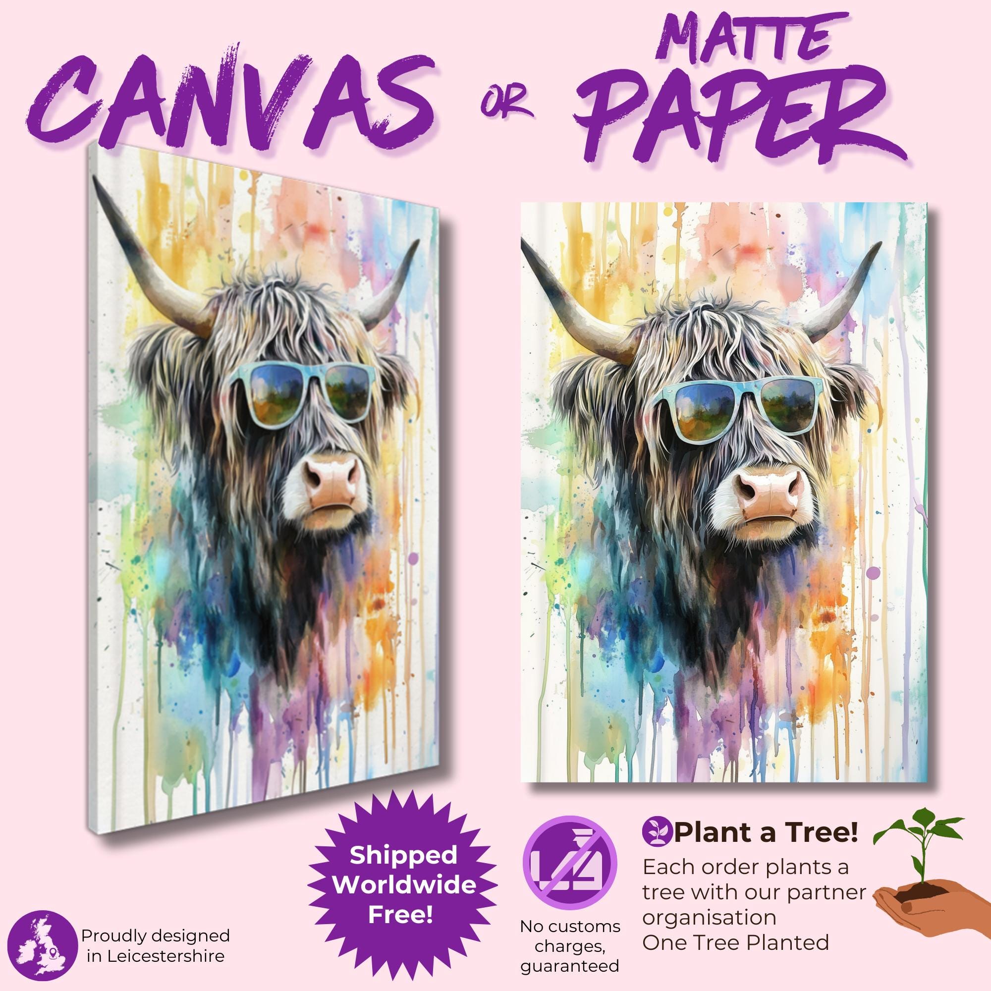 Highland Cow Wearing Sunglasses Canvas / Poster Print. Watercolour Paint Splash Wall Decor Gift Scottish Shaggy Cow Painting Farm Animal - CanvasityCrafts - Free Shipping