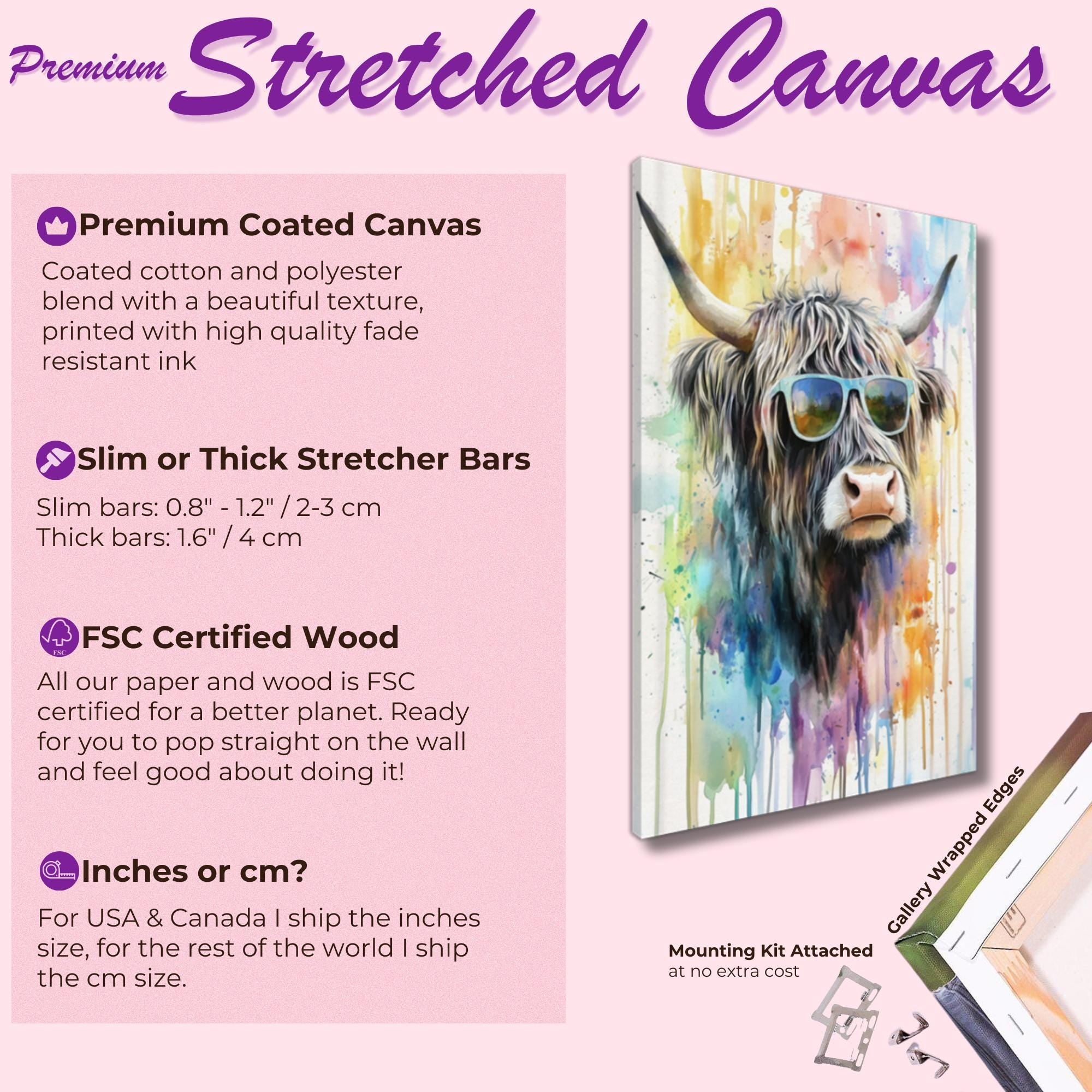 Highland Cow Wearing Sunglasses Canvas / Poster Print. Watercolour Paint Splash Wall Decor Gift Scottish Shaggy Cow Painting Farm Animal - CanvasityCrafts - Free Shipping