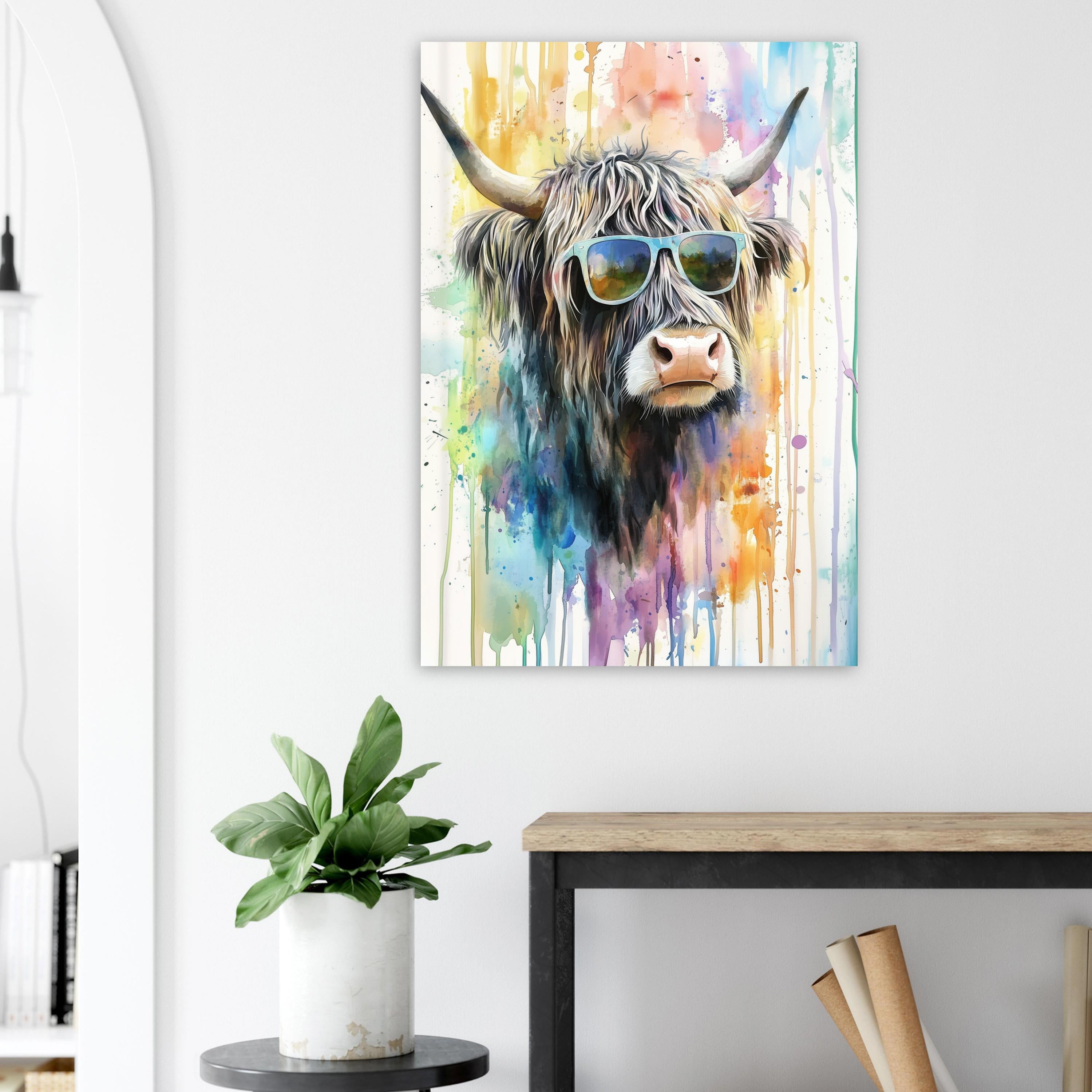 Highland Cow Wearing Sunglasses Canvas / Poster Print. Watercolour Paint Splash Wall Decor Gift Scottish Shaggy Cow Painting Farm Animal - CanvasityCrafts - Free Shipping