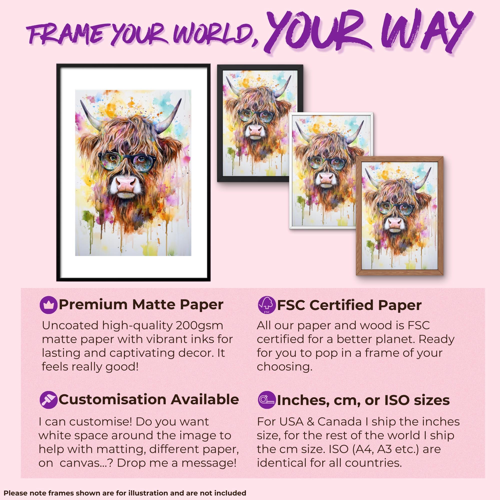 Highland Cow Wearing Glasses Canvas / Poster Print. Watercolour Paint Splash Wall Decor Gift Scottish Shaggy Cow Painting Farm Animal Farmer - CanvasityCrafts - Free Shipping