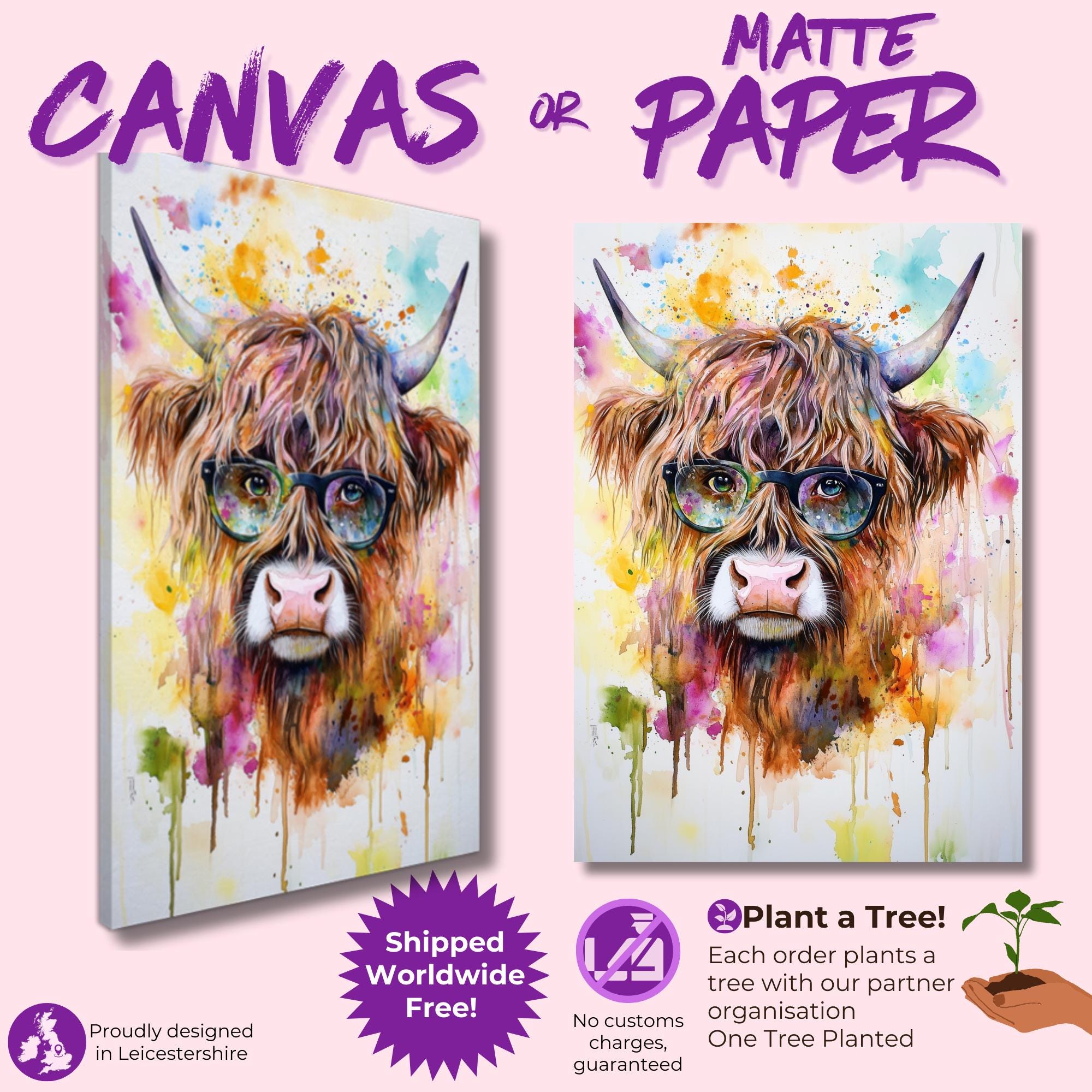 Highland Cow Wearing Glasses Canvas / Poster Print. Watercolour Paint Splash Wall Decor Gift Scottish Shaggy Cow Painting Farm Animal Farmer - CanvasityCrafts - Free Shipping