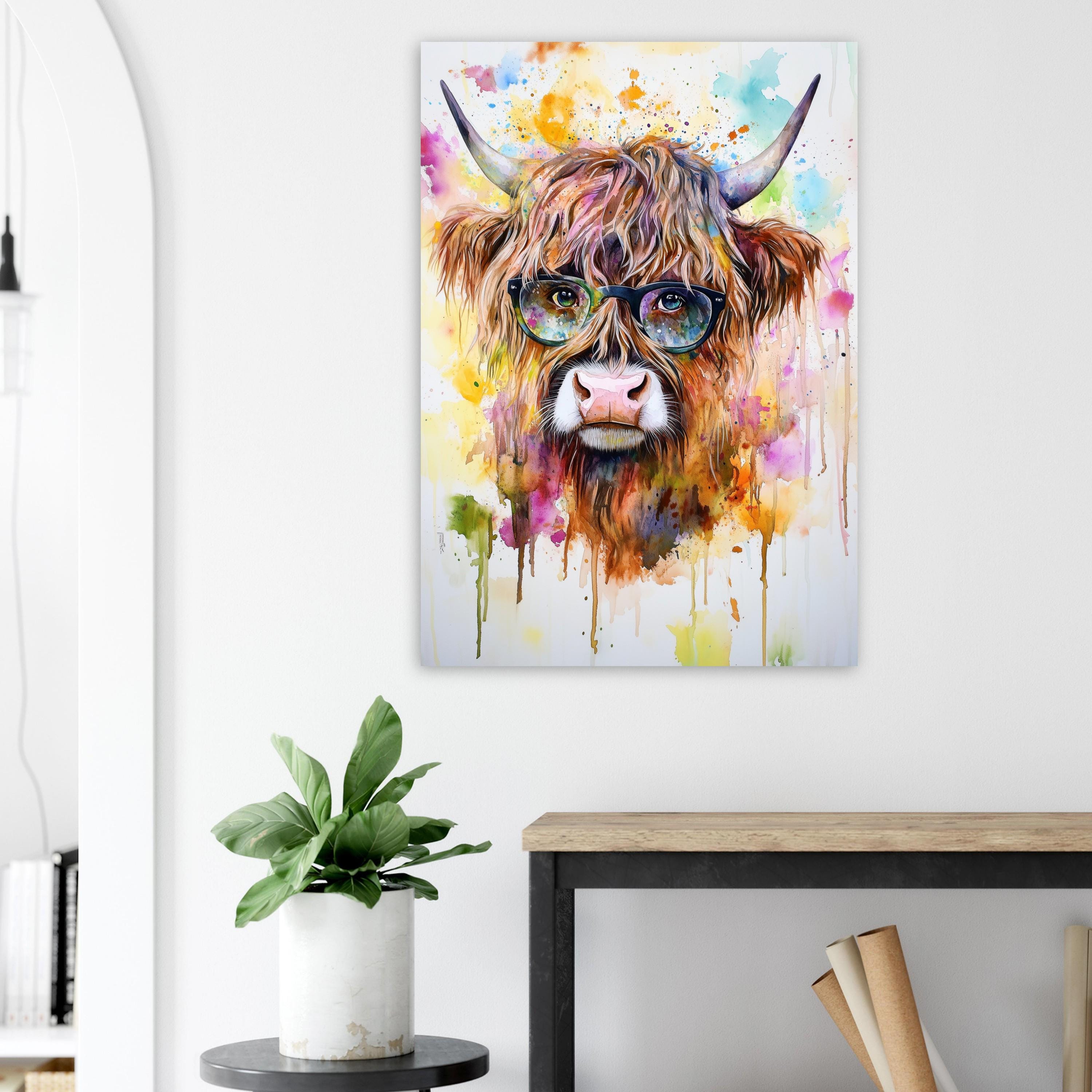 Highland Cow Wearing Glasses Canvas / Poster Print. Watercolour Paint Splash Wall Decor Gift Scottish Shaggy Cow Painting Farm Animal Farmer - CanvasityCrafts - Free Shipping