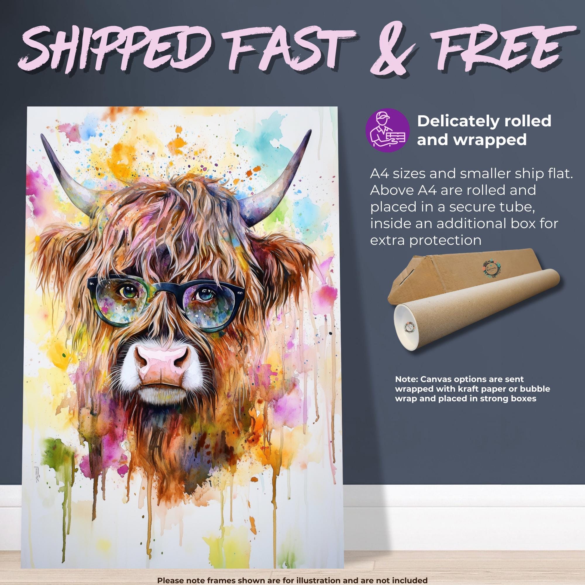 Highland Cow Wearing Glasses Canvas / Poster Print. Watercolour Paint Splash Wall Decor Gift Scottish Shaggy Cow Painting Farm Animal Farmer - CanvasityCrafts - Free Shipping