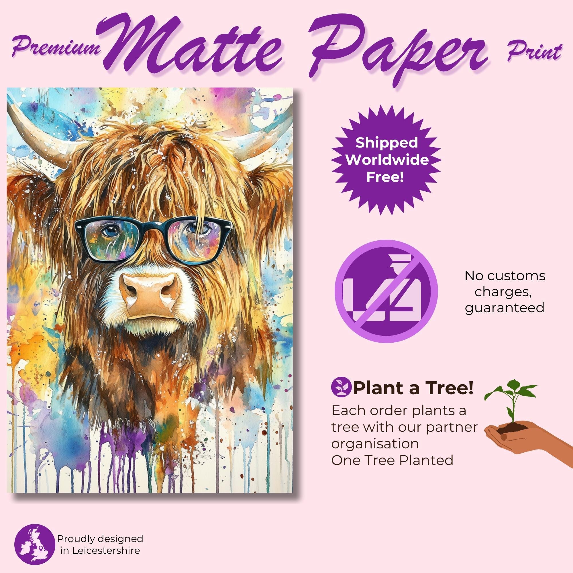 Highland Cow Wearing Glasses Canvas / Poster Print. Watercolour Paint Splash Wall Decor Gift Scottish Shaggy Cow Painting Farm Animal Farmer - CanvasityCrafts - Free Shipping
