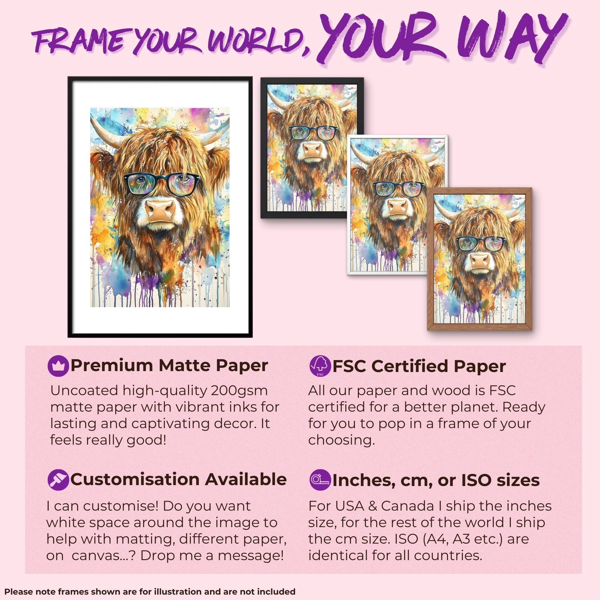 Highland Cow Wearing Glasses Canvas / Poster Print. Watercolour Paint Splash Wall Decor Gift Scottish Shaggy Cow Painting Farm Animal Farmer - CanvasityCrafts - Free Shipping