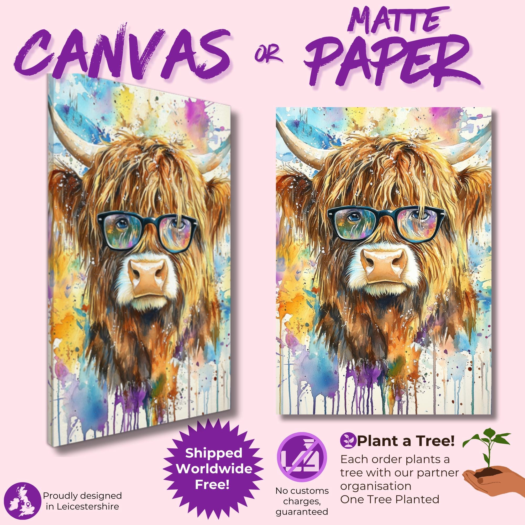 Highland Cow Wearing Glasses Canvas / Poster Print. Watercolour Paint Splash Wall Decor Gift Scottish Shaggy Cow Painting Farm Animal Farmer - CanvasityCrafts - Free Shipping
