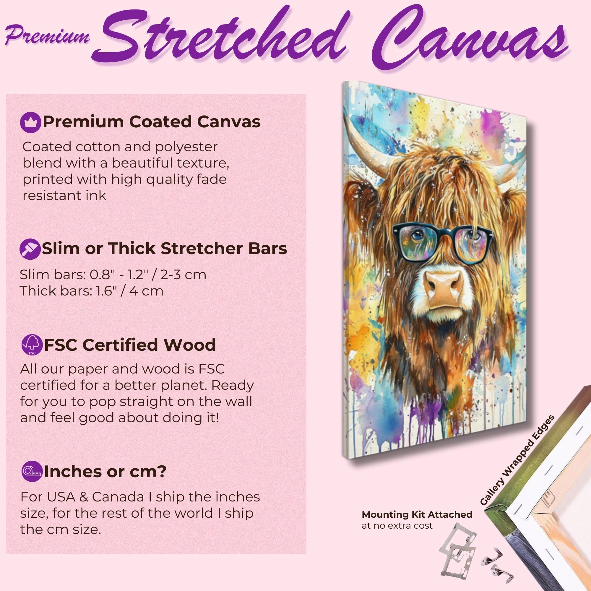Highland Cow Wearing Glasses Canvas / Poster Print. Watercolour Paint Splash Wall Decor Gift Scottish Shaggy Cow Painting Farm Animal Farmer - CanvasityCrafts - Free Shipping