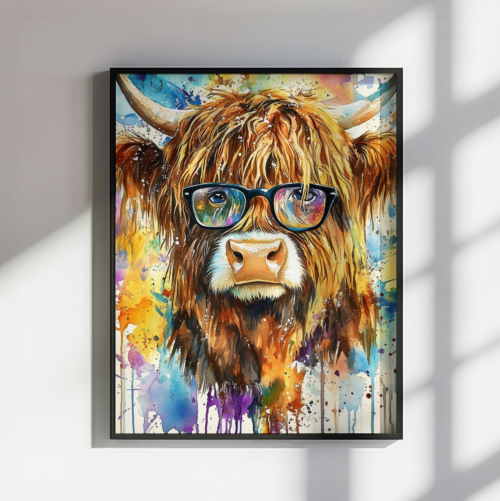 Highland Cow Wearing Glasses Canvas / Poster Print. Watercolour Paint Splash Wall Decor Gift Scottish Shaggy Cow Painting Farm Animal Farmer - CanvasityCrafts - Free Shipping