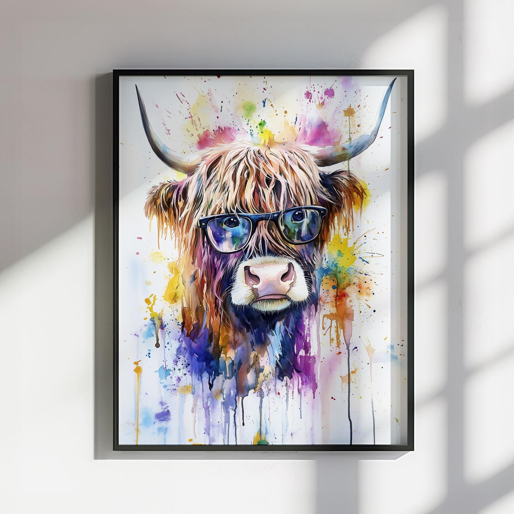 Highland Cow Wearing Glasses Canvas / Poster Print. Watercolour Paint Splash Wall Decor Gift Scottish Shaggy Cow Painting Farm Animal Farmer - CanvasityCrafts - Free Shipping