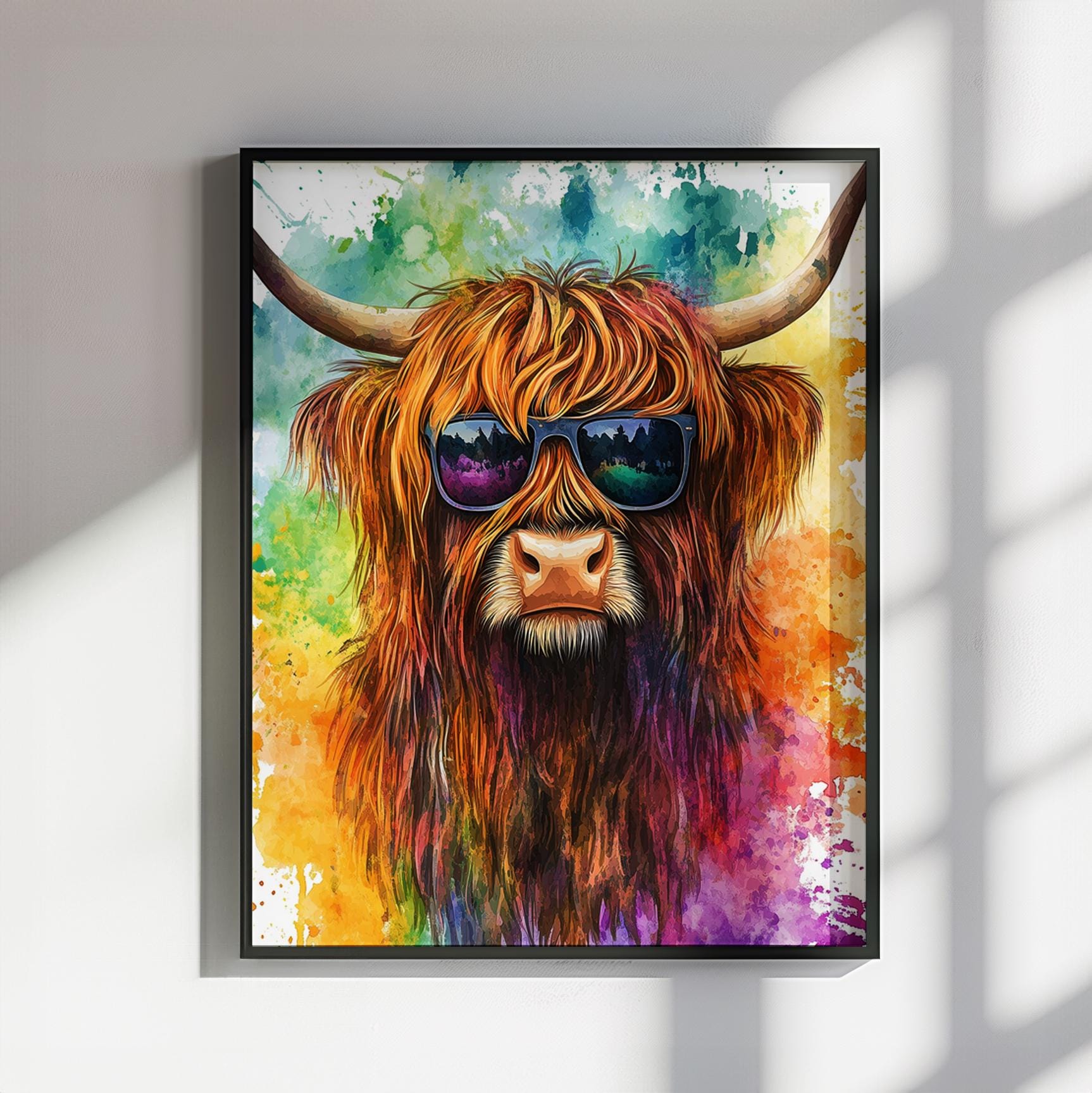 Highland Cow Wearing Sunglasses Canvas / Poster Print. Watercolour Paint Splash Wall Decor Gift Scottish Shaggy Cow Painting Farm Animal - CanvasityCrafts - Free Shipping