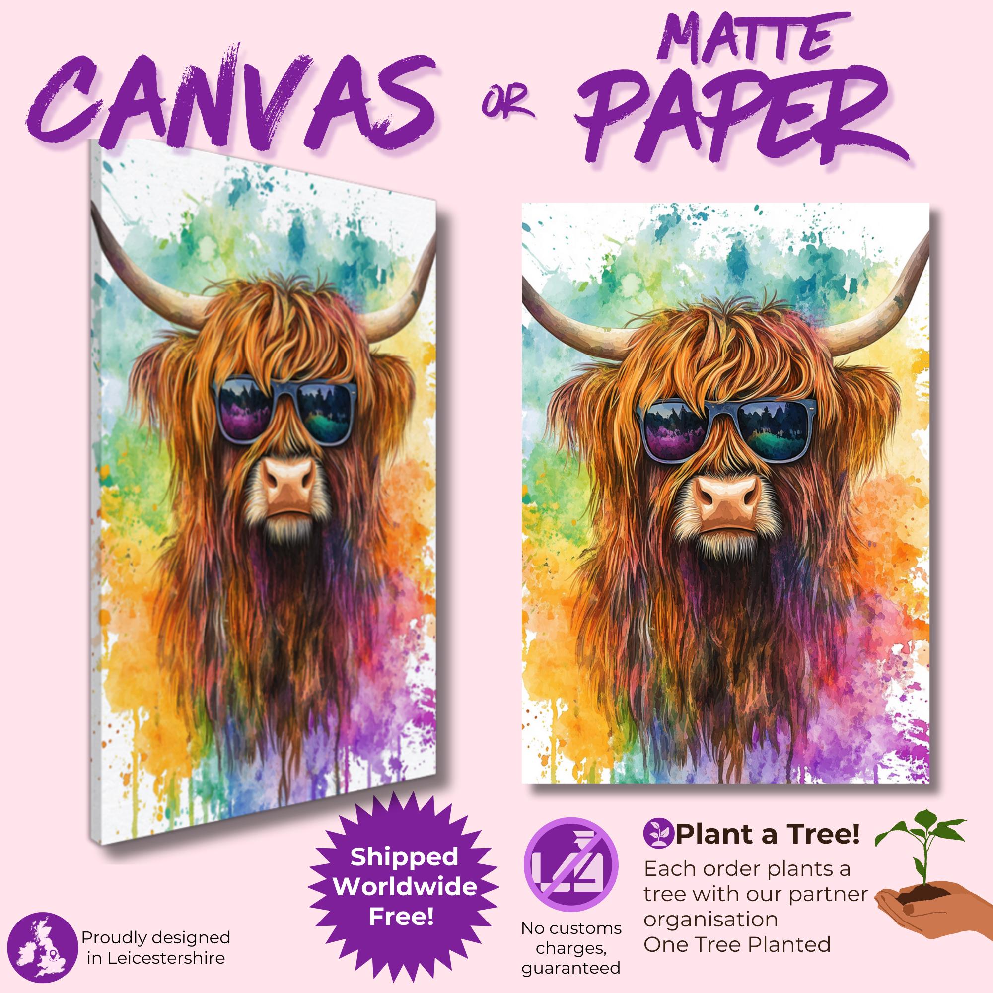 Highland Cow Wearing Sunglasses Canvas / Poster Print. Watercolour Paint Splash Wall Decor Gift Scottish Shaggy Cow Painting Farm Animal - CanvasityCrafts - Free Shipping