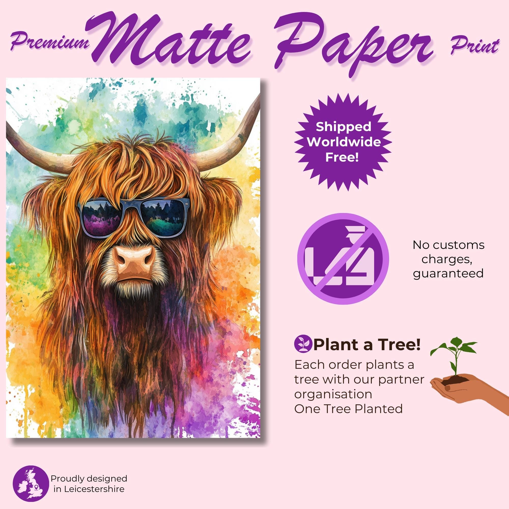 Highland Cow Wearing Sunglasses Canvas / Poster Print. Watercolour Paint Splash Wall Decor Gift Scottish Shaggy Cow Painting Farm Animal - CanvasityCrafts - Free Shipping