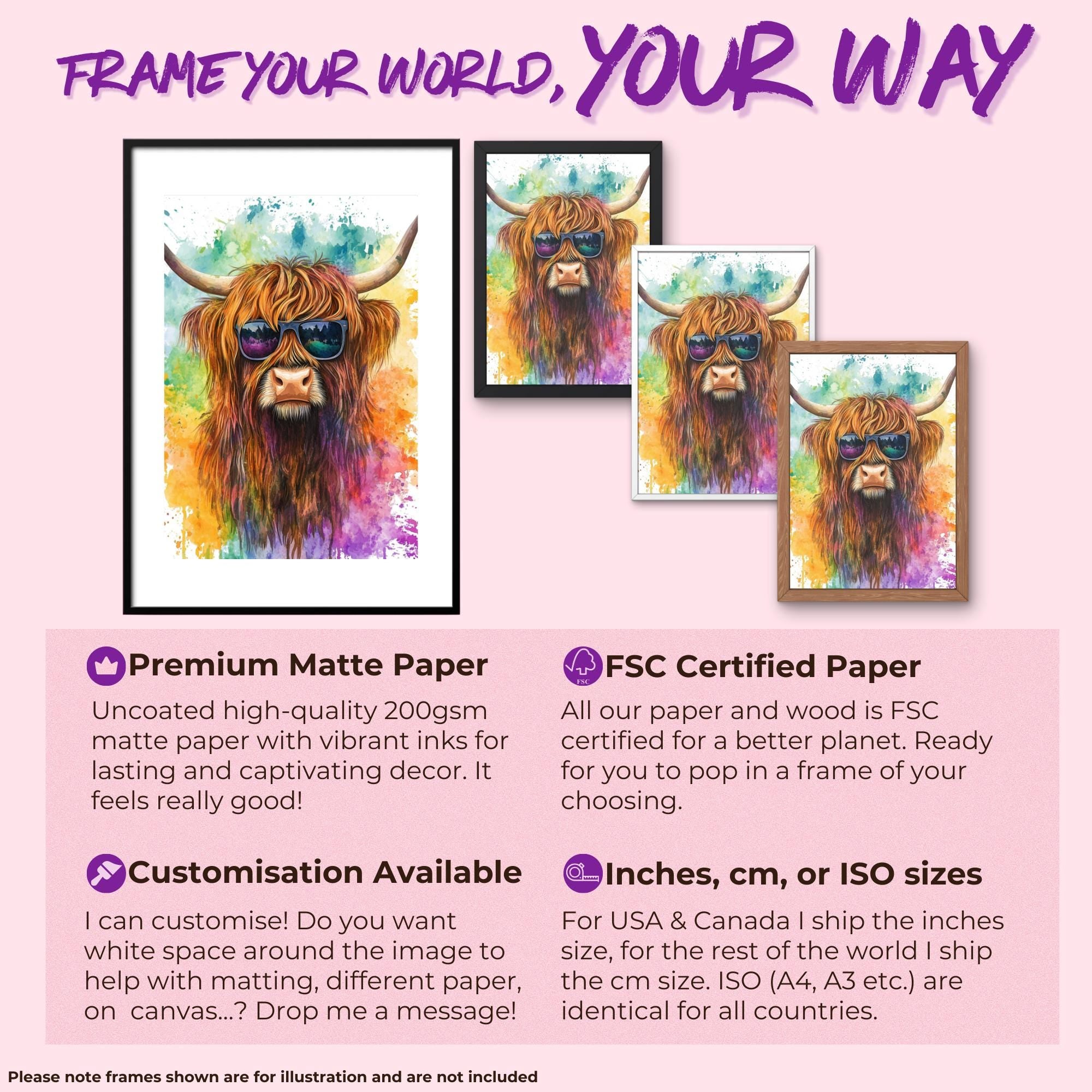 Highland Cow Wearing Sunglasses Canvas / Poster Print. Watercolour Paint Splash Wall Decor Gift Scottish Shaggy Cow Painting Farm Animal - CanvasityCrafts - Free Shipping