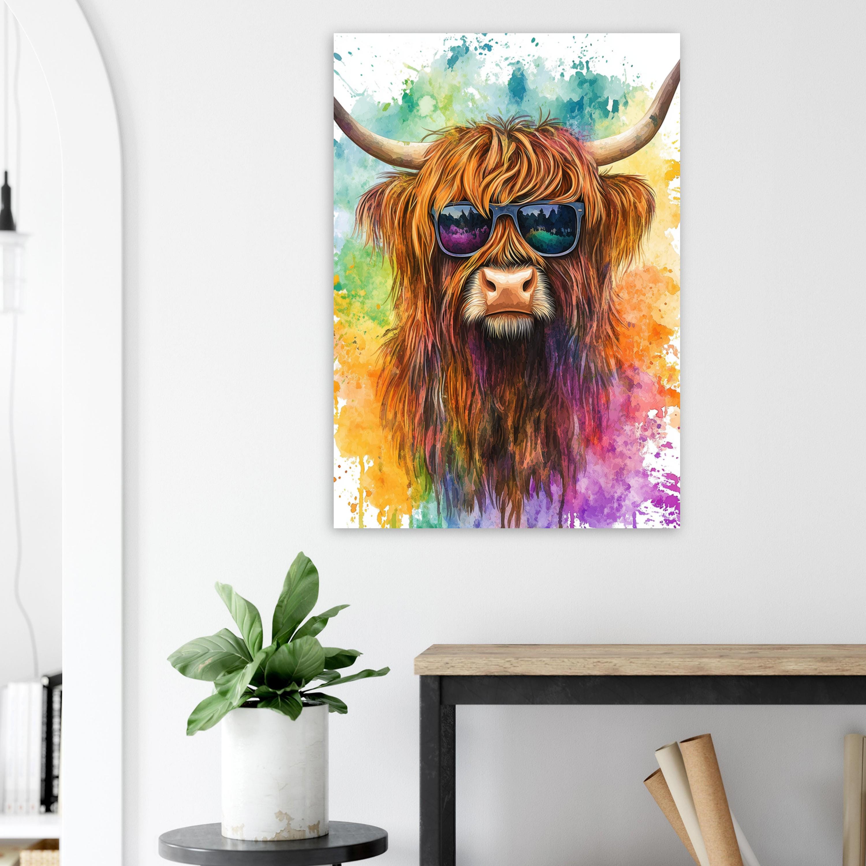 Highland Cow Wearing Sunglasses Canvas / Poster Print. Watercolour Paint Splash Wall Decor Gift Scottish Shaggy Cow Painting Farm Animal - CanvasityCrafts - Free Shipping