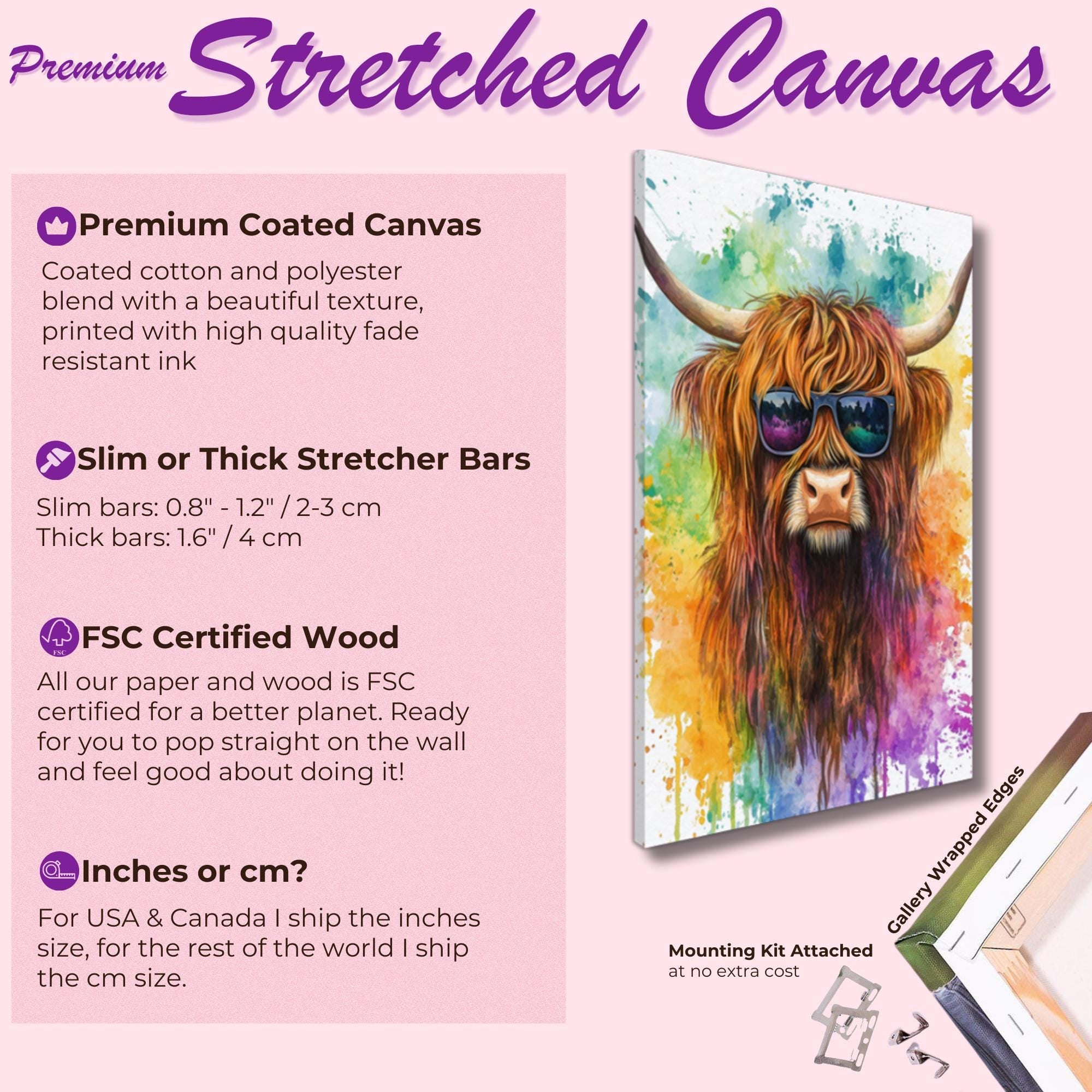 Highland Cow Wearing Sunglasses Canvas / Poster Print. Watercolour Paint Splash Wall Decor Gift Scottish Shaggy Cow Painting Farm Animal - CanvasityCrafts - Free Shipping