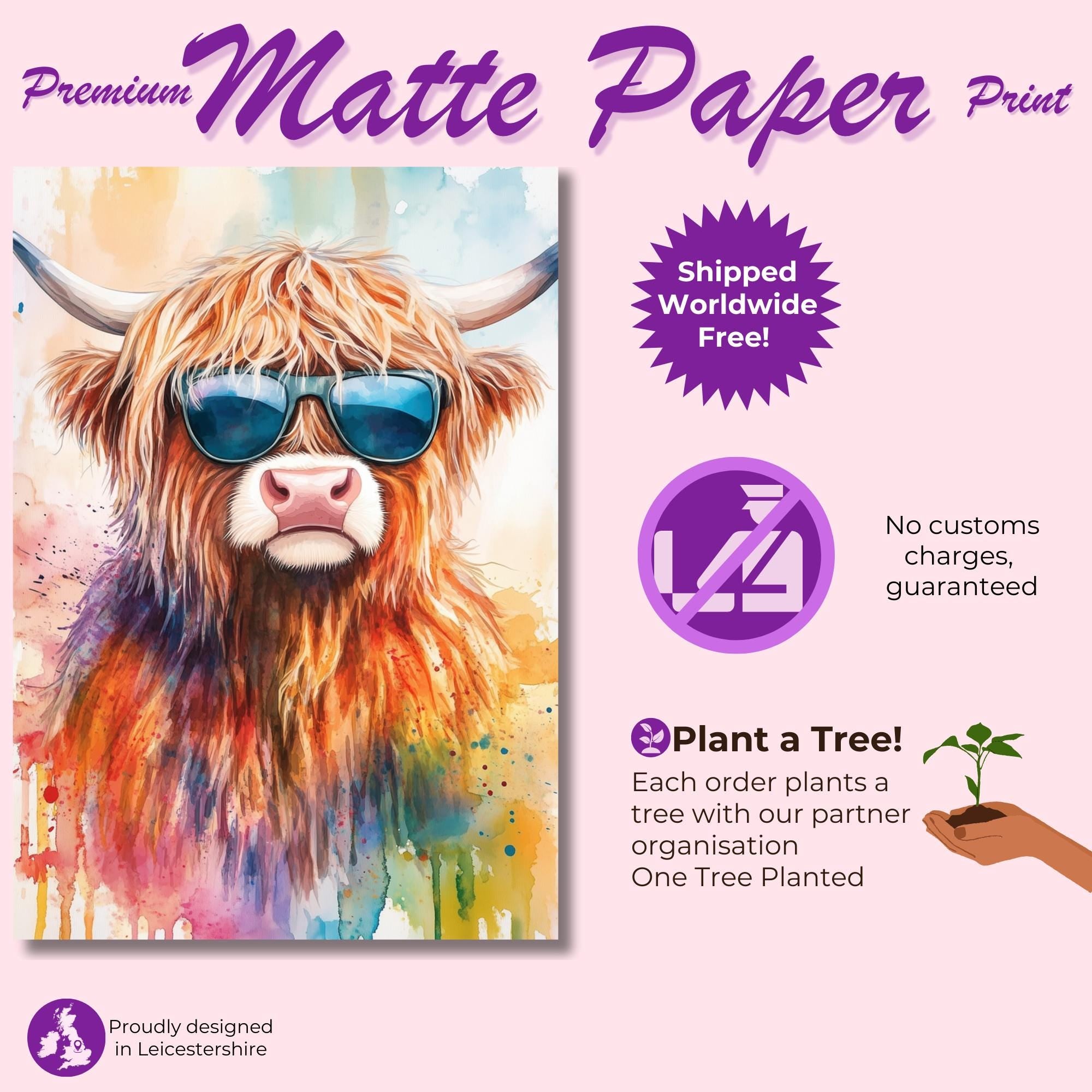Highland Cow with Sunglasses Canvas / Poster Print. Watercolour Paint Splash Wall Decor Gift Scottish Shaggy Cow Painting Farm Animal Farmer - CanvasityCrafts - Free Shipping