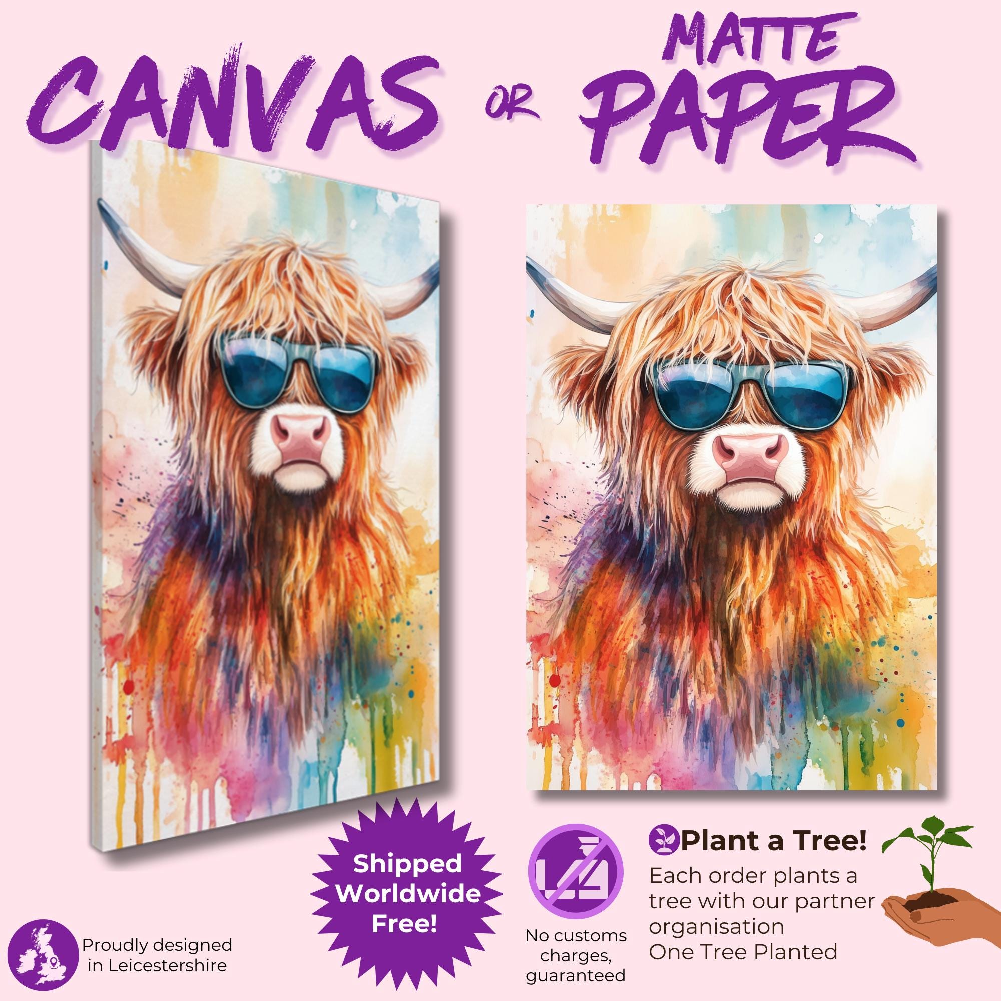 Highland Cow with Sunglasses Canvas / Poster Print. Watercolour Paint Splash Wall Decor Gift Scottish Shaggy Cow Painting Farm Animal Farmer - CanvasityCrafts - Free Shipping