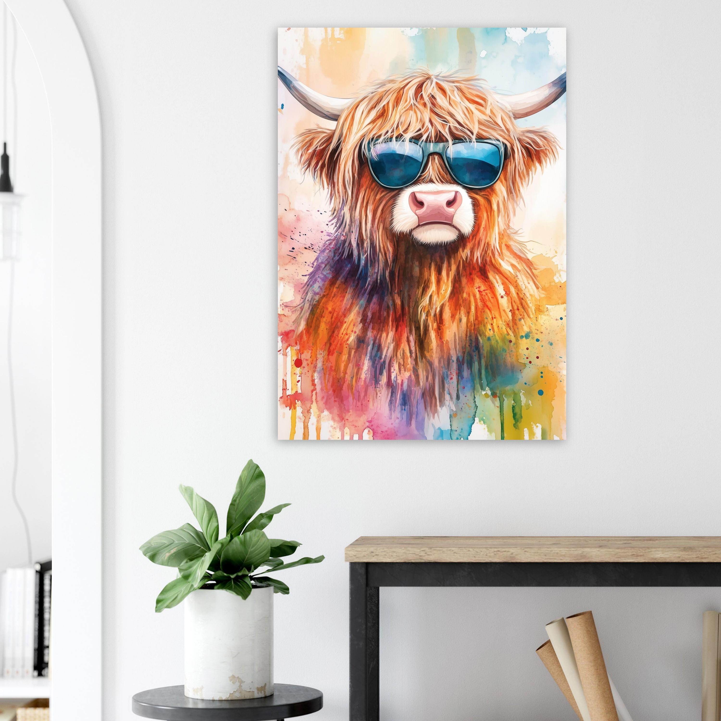 Highland Cow with Sunglasses Canvas / Poster Print. Watercolour Paint Splash Wall Decor Gift Scottish Shaggy Cow Painting Farm Animal Farmer - CanvasityCrafts - Free Shipping