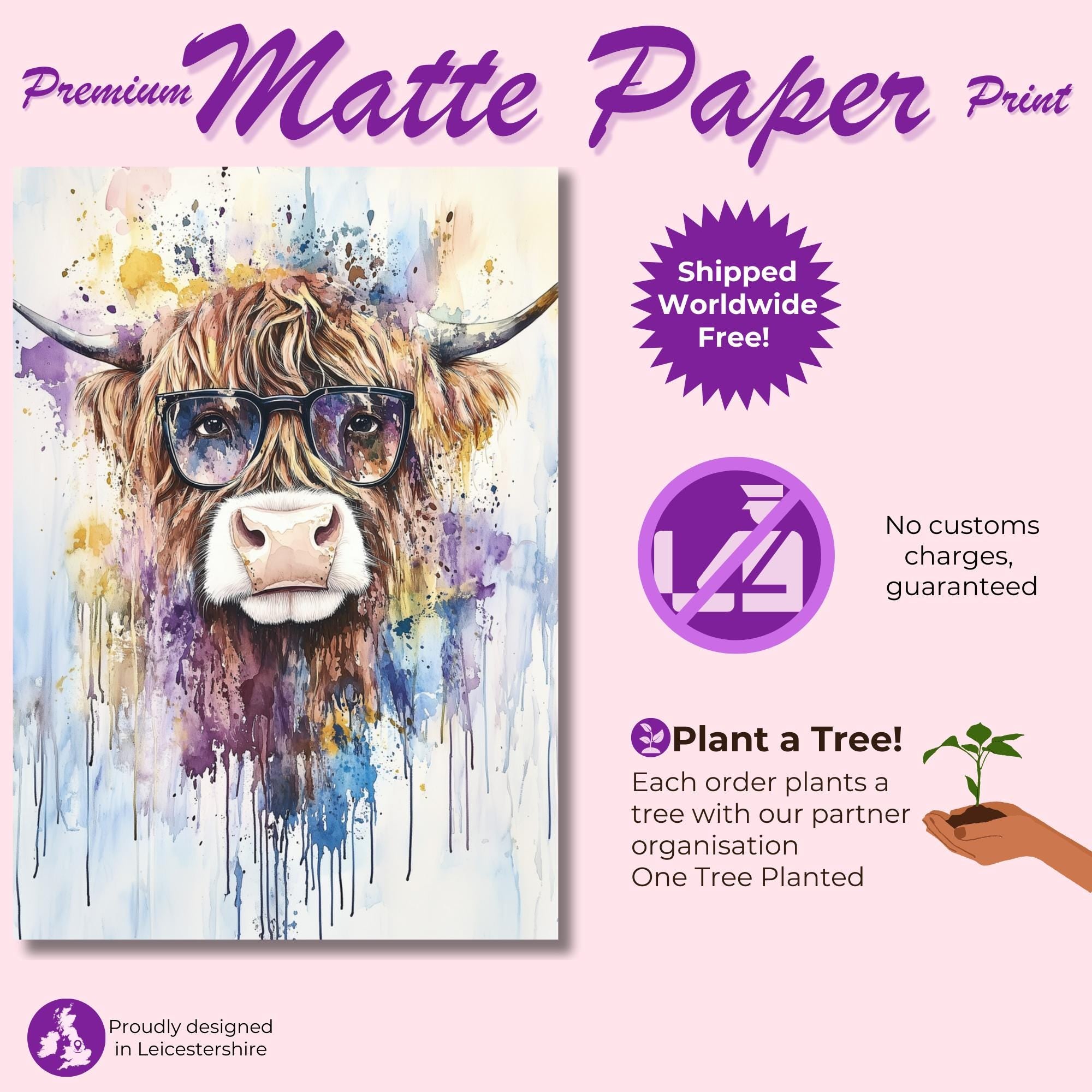 Highland Cow Wearing Glasses Canvas / Poster Print. Watercolour Paint Splash Wall Decor Gift Scottish Shaggy Cow Painting Farm Animal Farmer - CanvasityCrafts - Free Shipping
