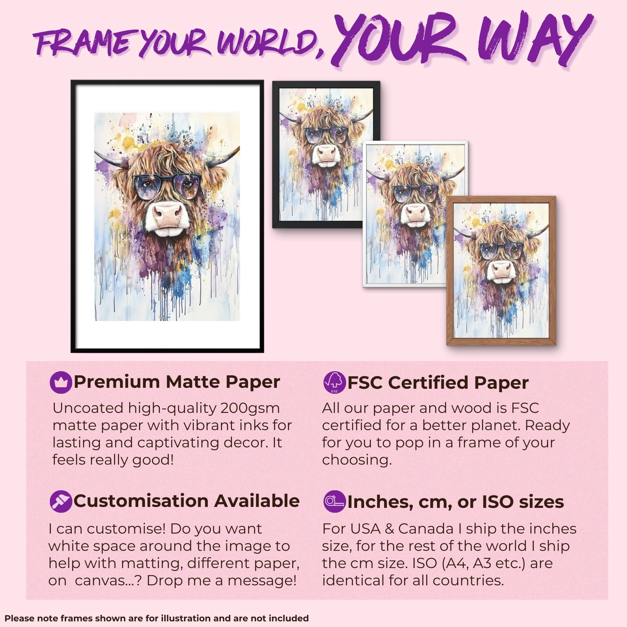 Highland Cow Wearing Glasses Canvas / Poster Print. Watercolour Paint Splash Wall Decor Gift Scottish Shaggy Cow Painting Farm Animal Farmer - CanvasityCrafts - Free Shipping
