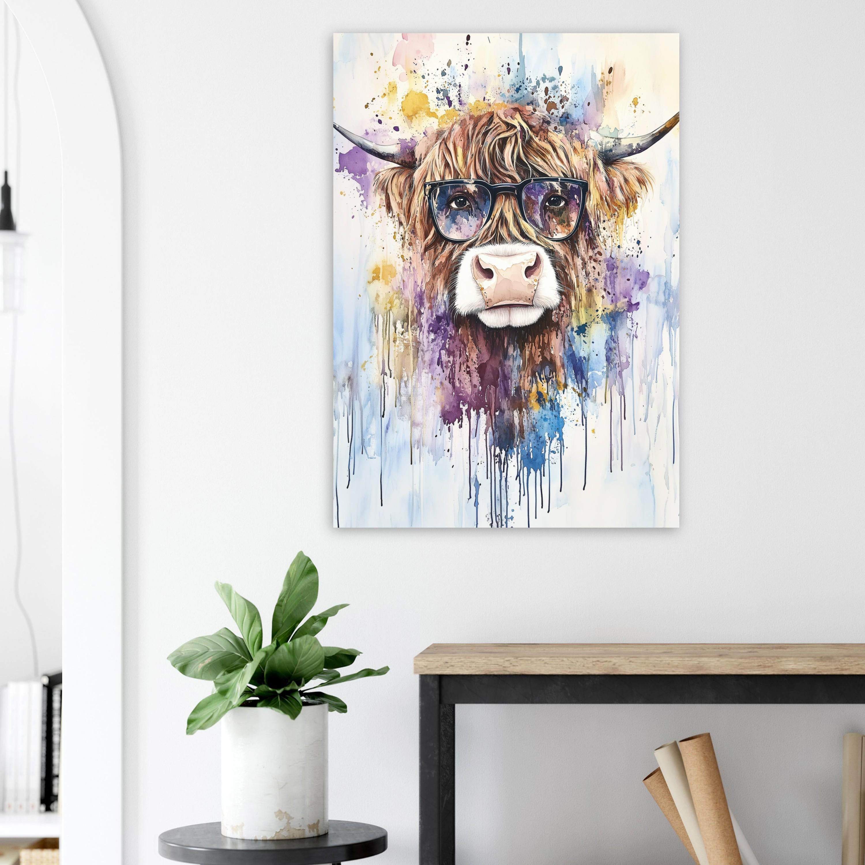 Highland Cow Wearing Glasses Canvas / Poster Print. Watercolour Paint Splash Wall Decor Gift Scottish Shaggy Cow Painting Farm Animal Farmer - CanvasityCrafts - Free Shipping