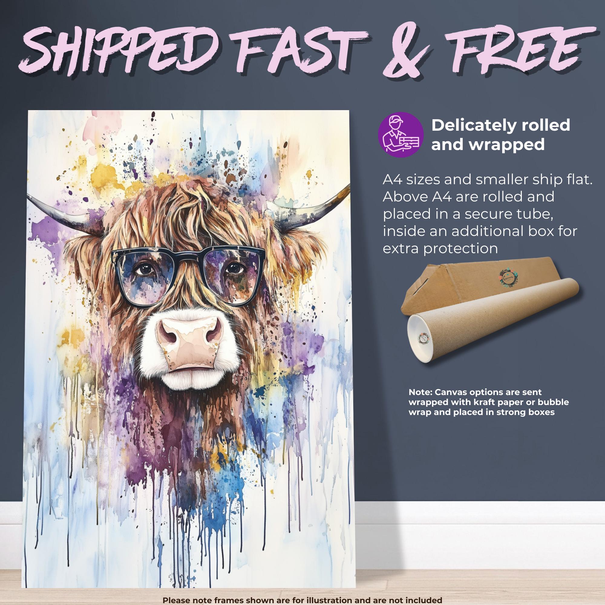 Highland Cow Wearing Glasses Canvas / Poster Print. Watercolour Paint Splash Wall Decor Gift Scottish Shaggy Cow Painting Farm Animal Farmer - CanvasityCrafts - Free Shipping