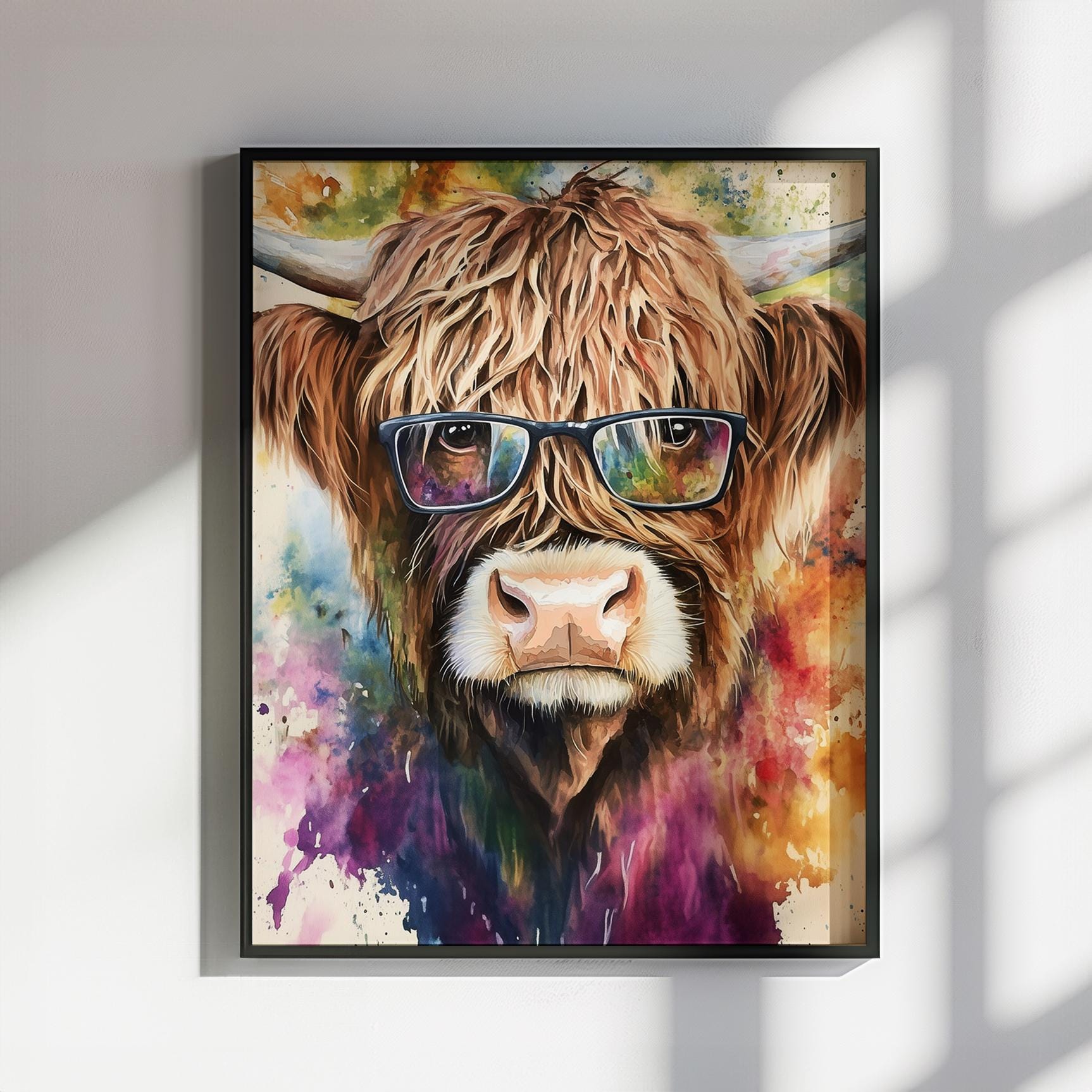 Highland Cow Wearing Glasses Canvas / Poster Print. Watercolour Paint Splash Wall Decor Gift Scottish Shaggy Cow Painting Farm Animal Farmer - CanvasityCrafts - Free Shipping