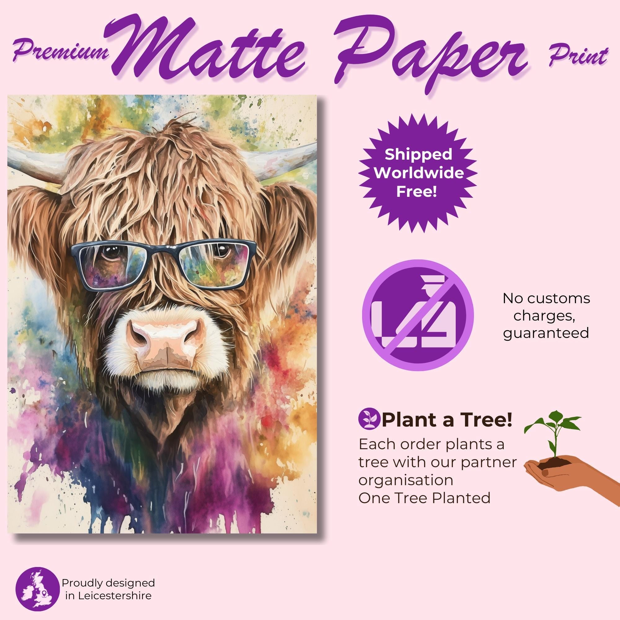 Highland Cow Wearing Glasses Canvas / Poster Print. Watercolour Paint Splash Wall Decor Gift Scottish Shaggy Cow Painting Farm Animal Farmer - CanvasityCrafts - Free Shipping