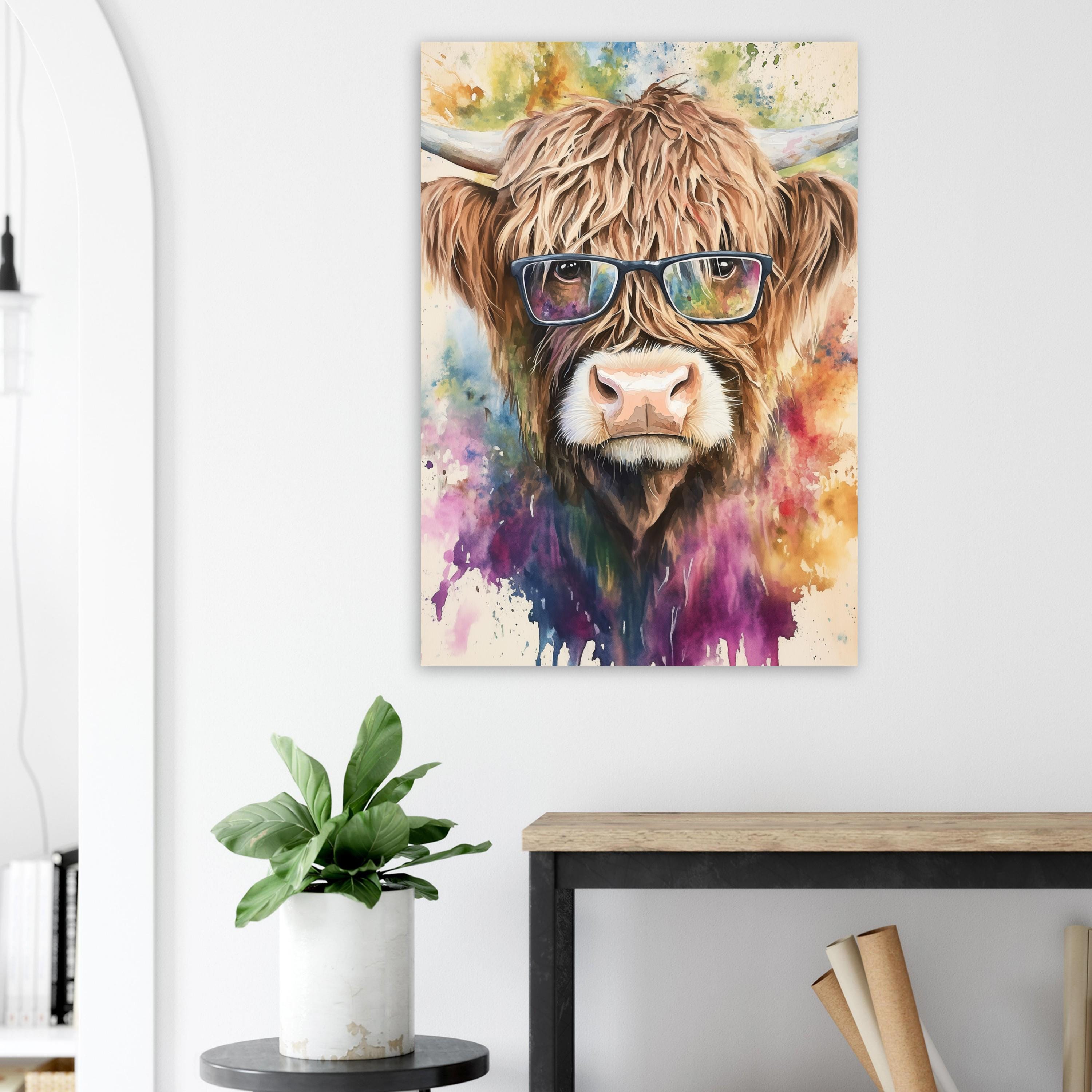Highland Cow Wearing Glasses Canvas / Poster Print. Watercolour Paint Splash Wall Decor Gift Scottish Shaggy Cow Painting Farm Animal Farmer - CanvasityCrafts - Free Shipping