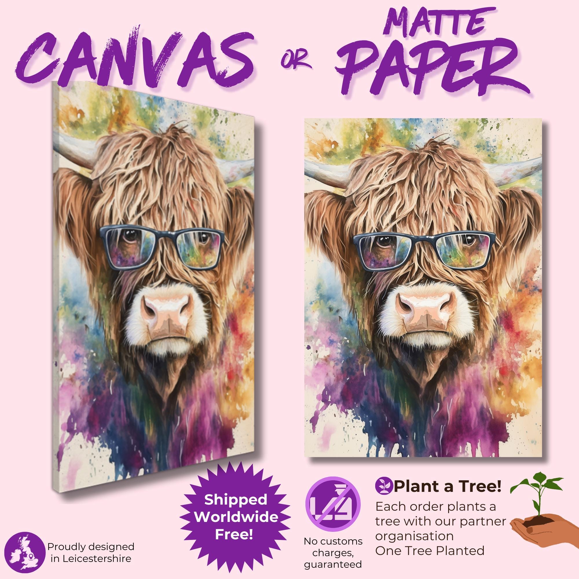 Highland Cow Wearing Glasses Canvas / Poster Print. Watercolour Paint Splash Wall Decor Gift Scottish Shaggy Cow Painting Farm Animal Farmer - CanvasityCrafts - Free Shipping