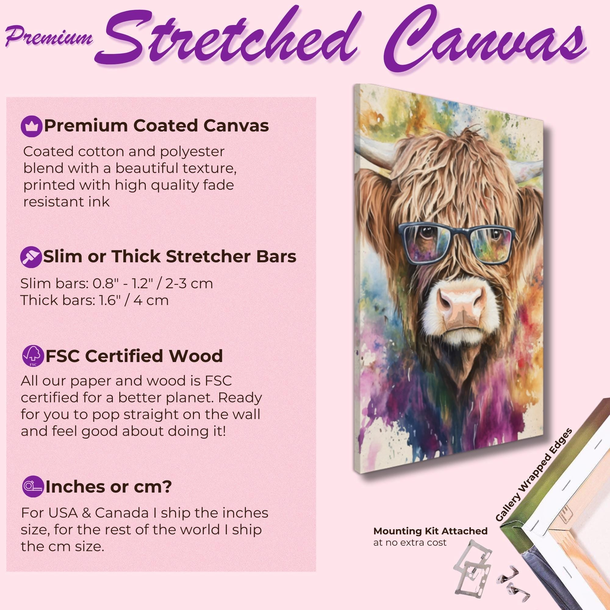 Highland Cow Wearing Glasses Canvas / Poster Print. Watercolour Paint Splash Wall Decor Gift Scottish Shaggy Cow Painting Farm Animal Farmer - CanvasityCrafts - Free Shipping