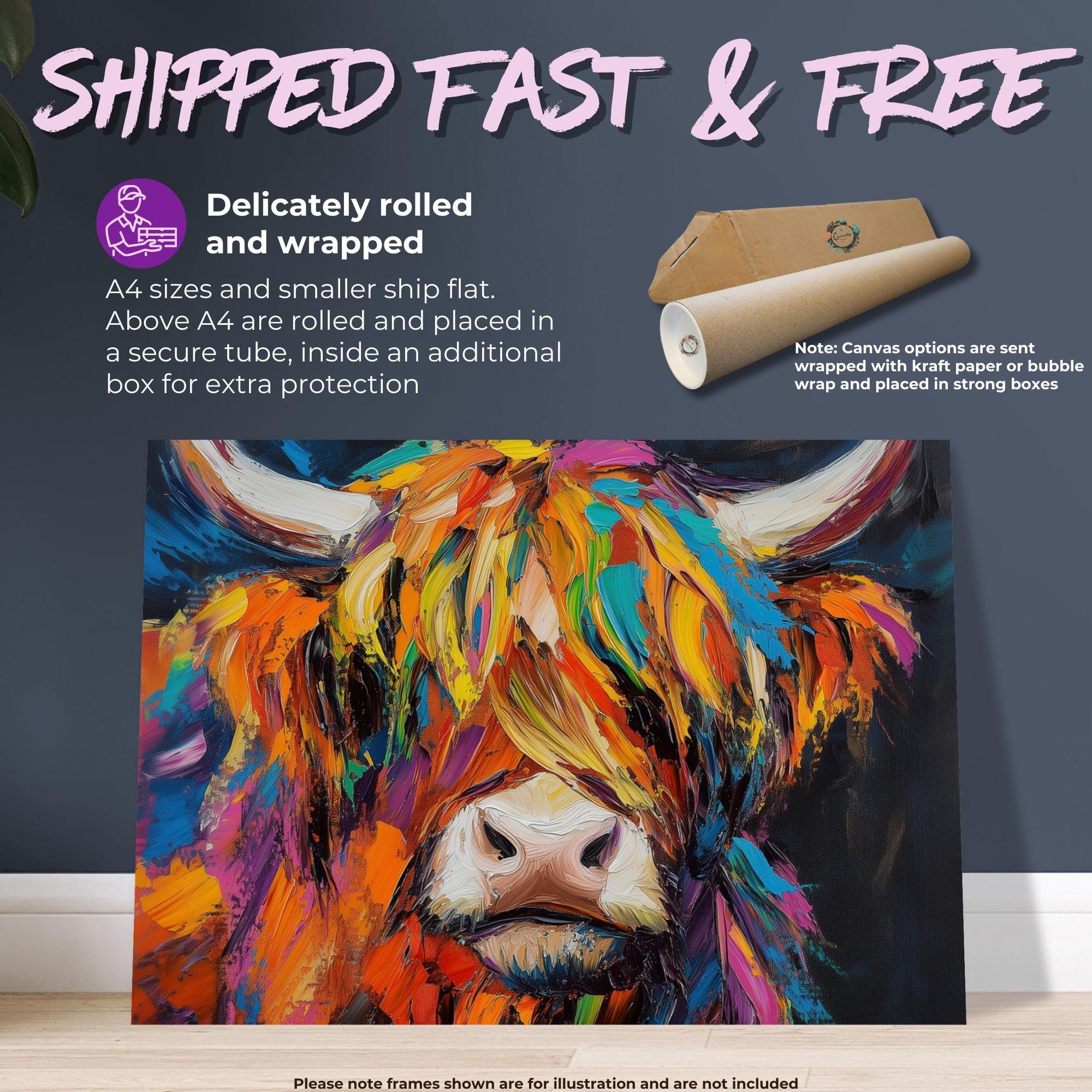 Highland Cow Canvas / Poster Print. Paint Splash Oil Painting Wall Decor Gifts Colourful Scottish Shaggy Cow Painting Farm Animal Farmer - CanvasityCrafts - Free Shipping