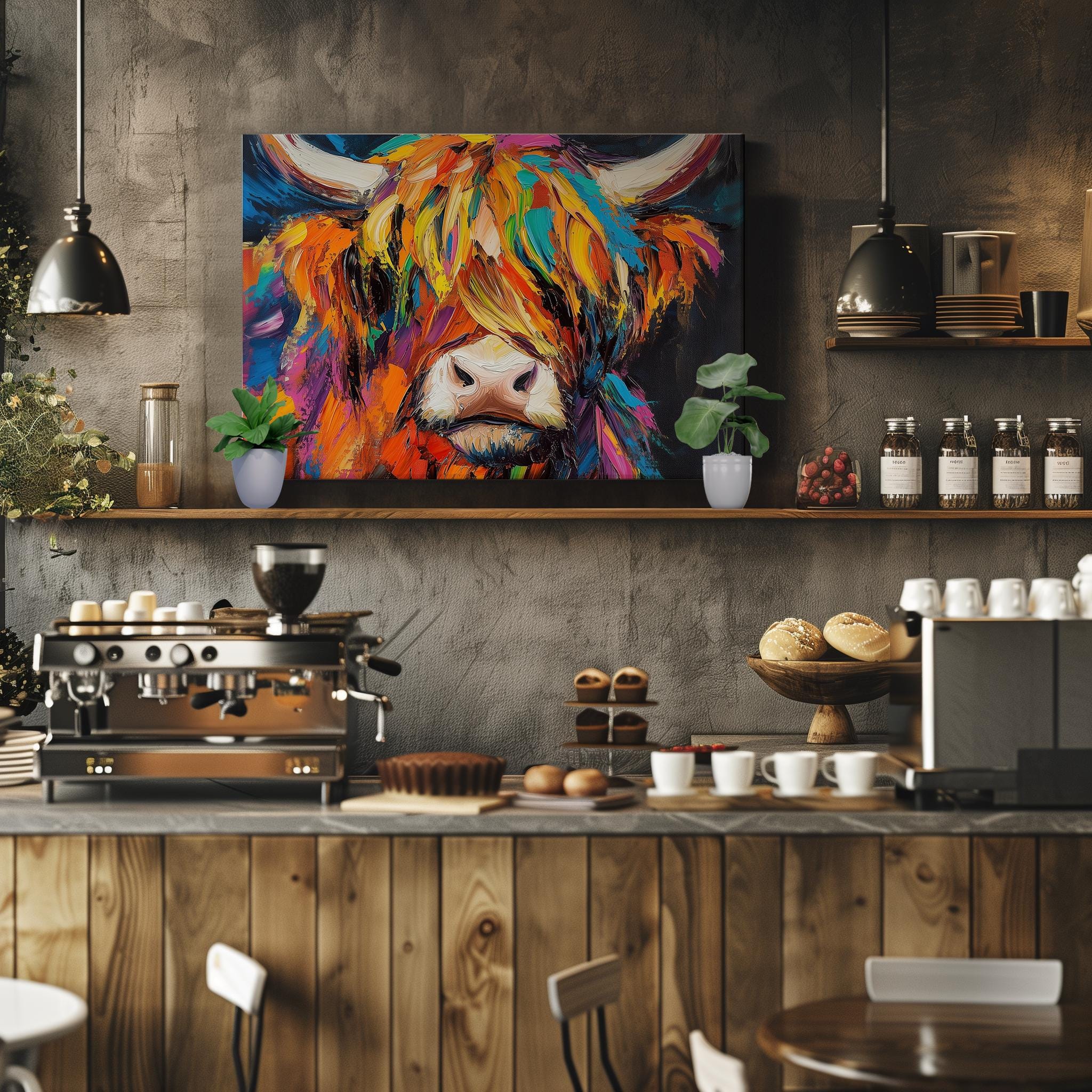 Highland Cow Canvas / Poster Print. Paint Splash Oil Painting Wall Decor Gifts Colourful Scottish Shaggy Cow Painting Farm Animal Farmer - CanvasityCrafts - Free Shipping