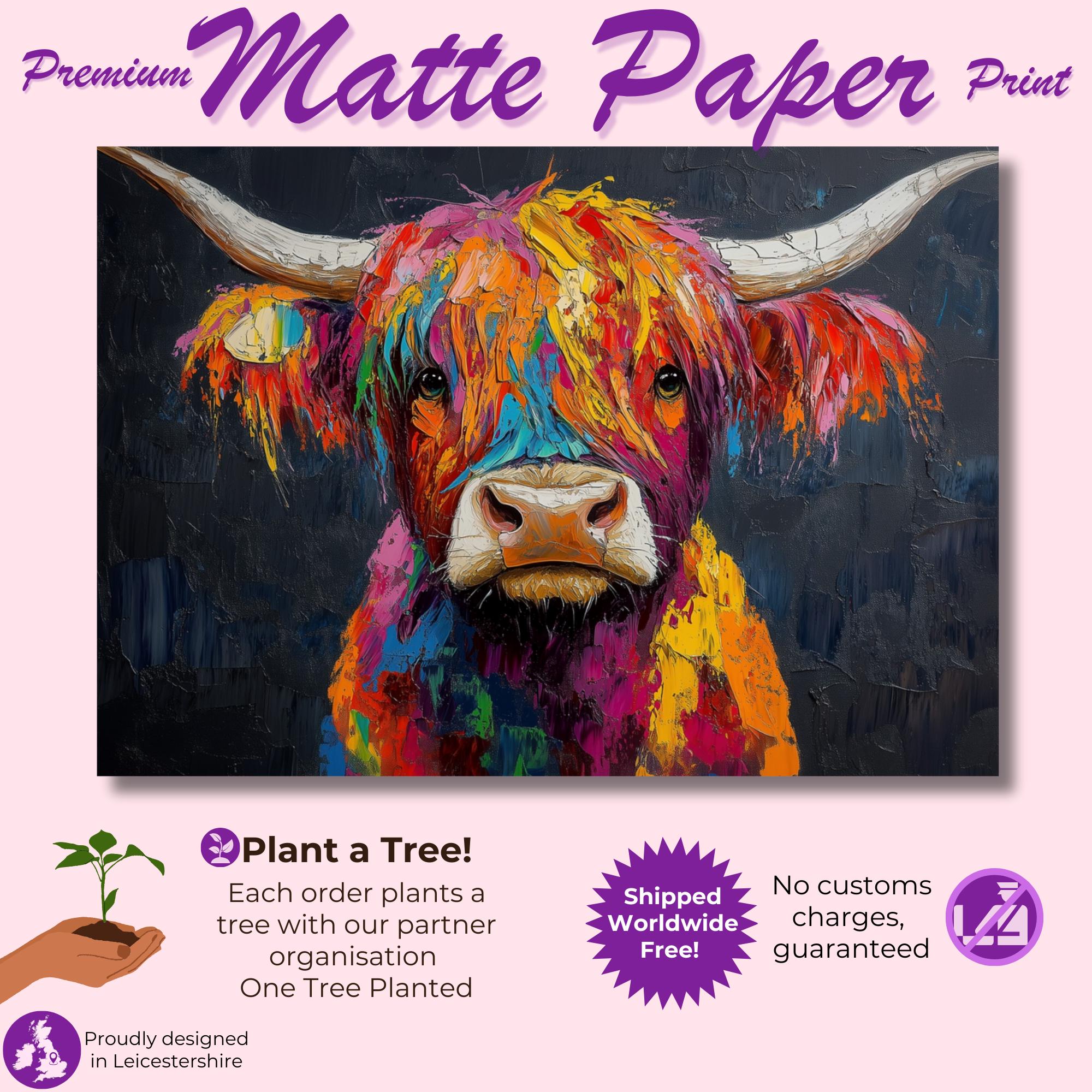 Highland Cow Canvas / Poster Print. Paint Splash Oil Painting Wall Decor Gifts Colourful Scottish Shaggy Cow Painting Farm Animal Farmer - CanvasityCrafts - Free Shipping