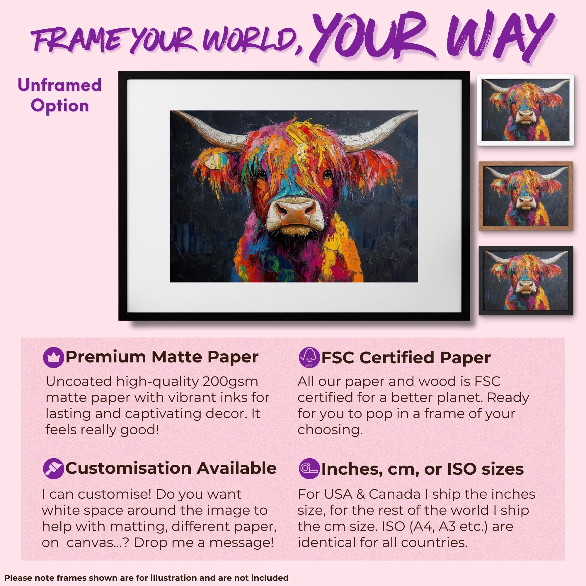 Highland Cow Canvas / Poster Print. Paint Splash Oil Painting Wall Decor Gifts Colourful Scottish Shaggy Cow Painting Farm Animal Farmer - CanvasityCrafts - Free Shipping