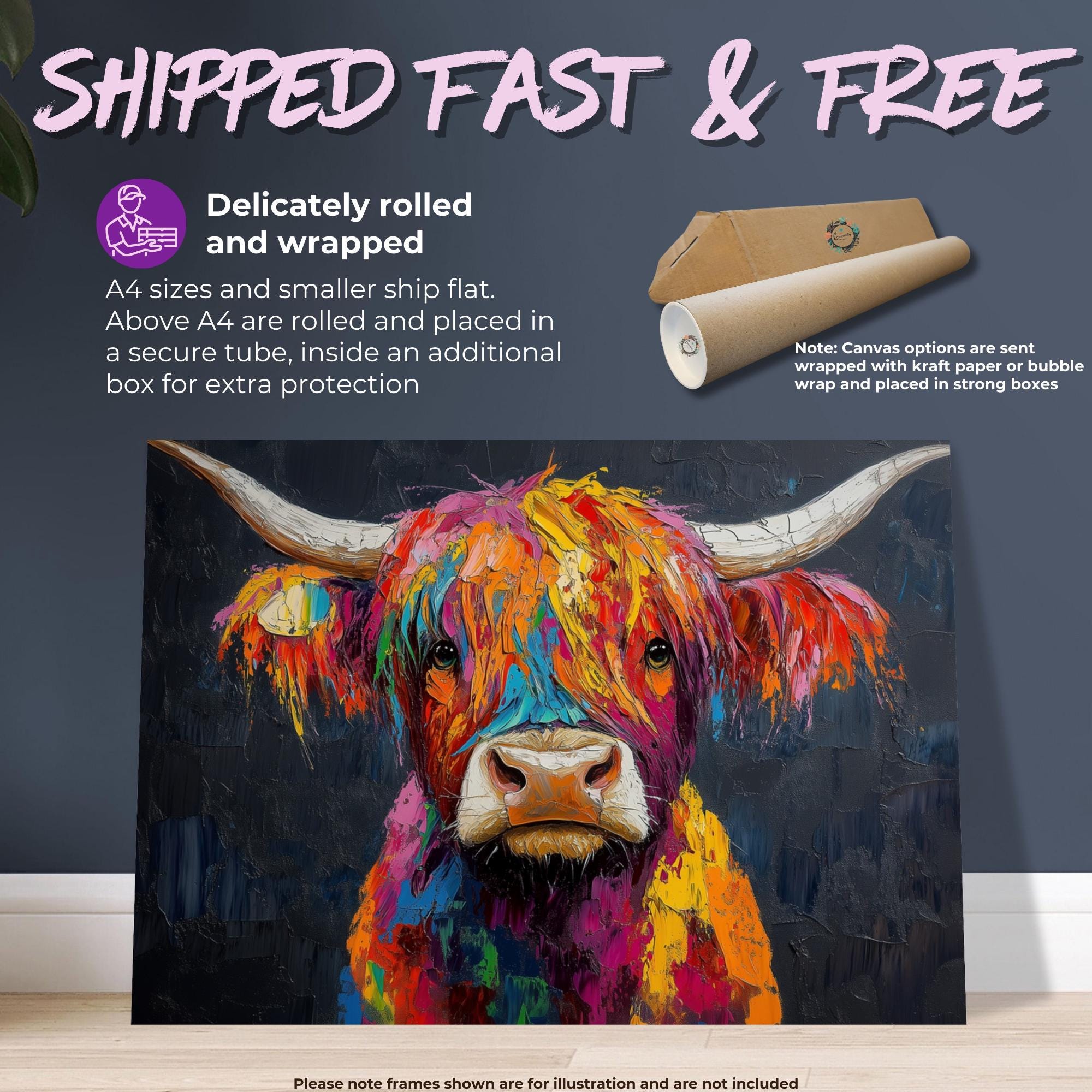Highland Cow Canvas / Poster Print. Paint Splash Oil Painting Wall Decor Gifts Colourful Scottish Shaggy Cow Painting Farm Animal Farmer - CanvasityCrafts - Free Shipping