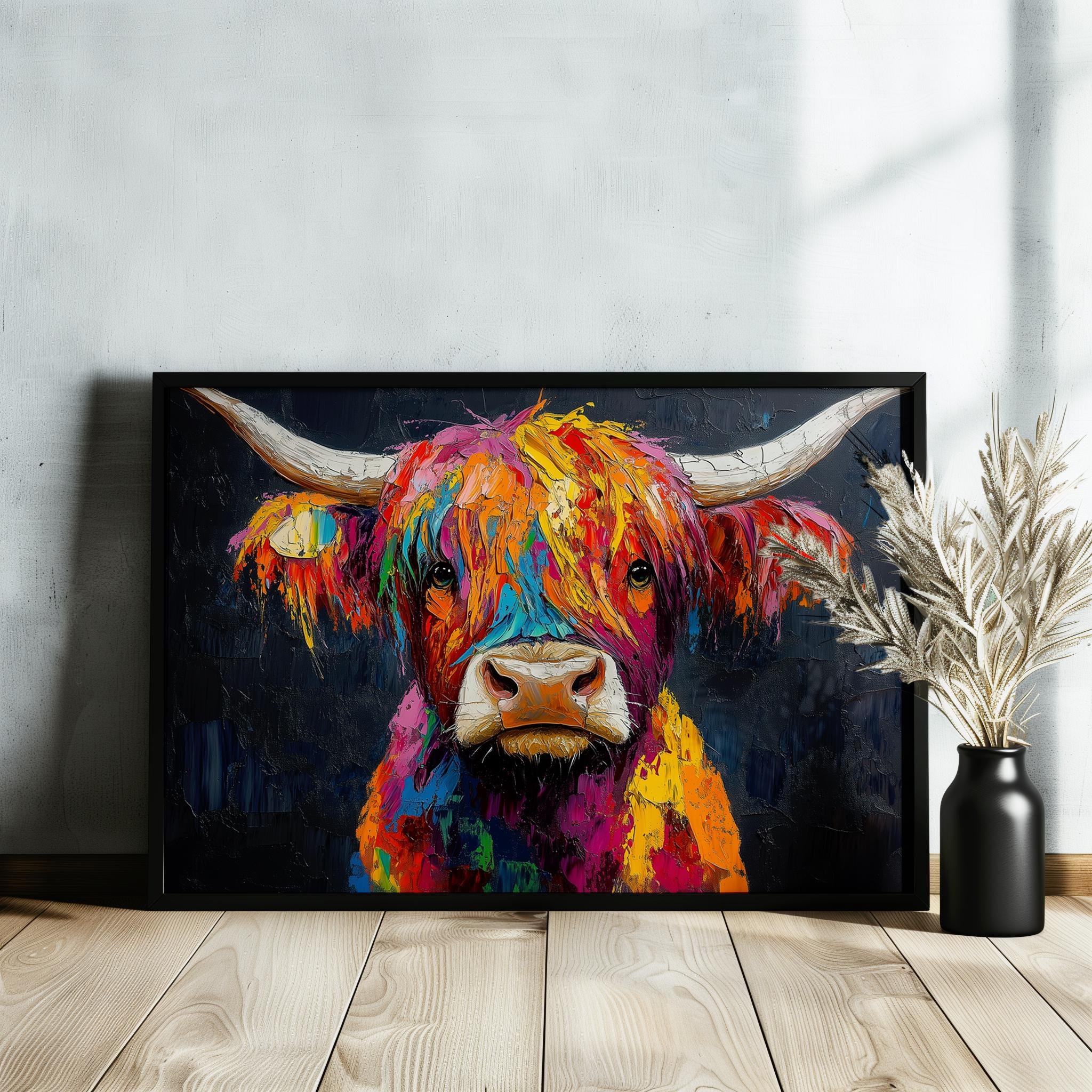 Highland Cow Canvas / Poster Print. Paint Splash Oil Painting Wall Decor Gifts Colourful Scottish Shaggy Cow Painting Farm Animal Farmer - CanvasityCrafts - Free Shipping